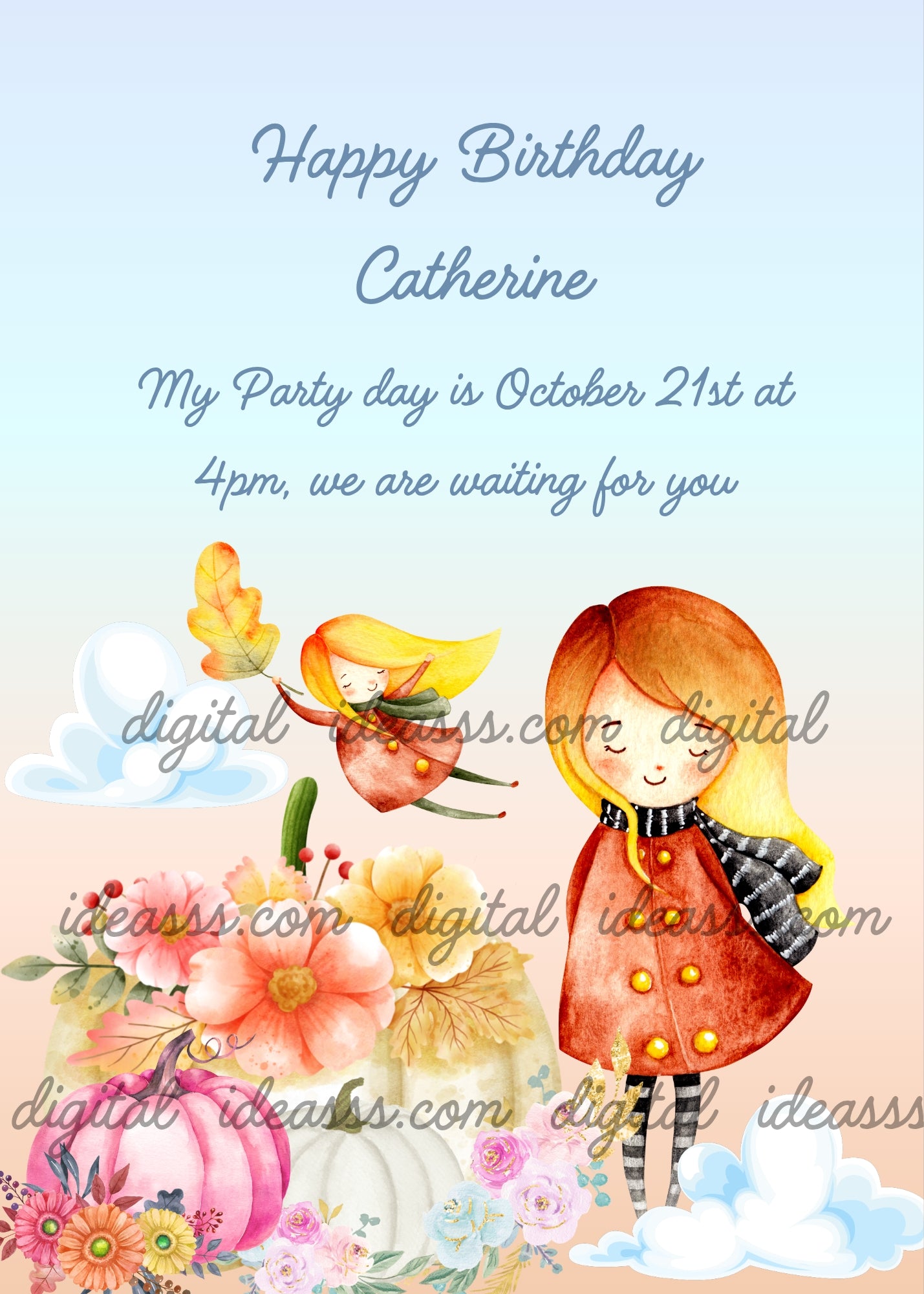 Little girl in autumn clothes with colorful pumpkins full of flowers. Another little girls, flies with a leaf. Printable birthday card for girls 9-14.