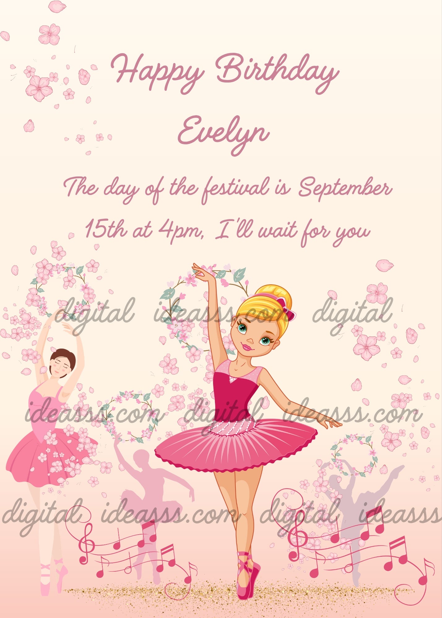 Classical ballerinas dance with flower hoops. Printable birthday card for girls
6-12.