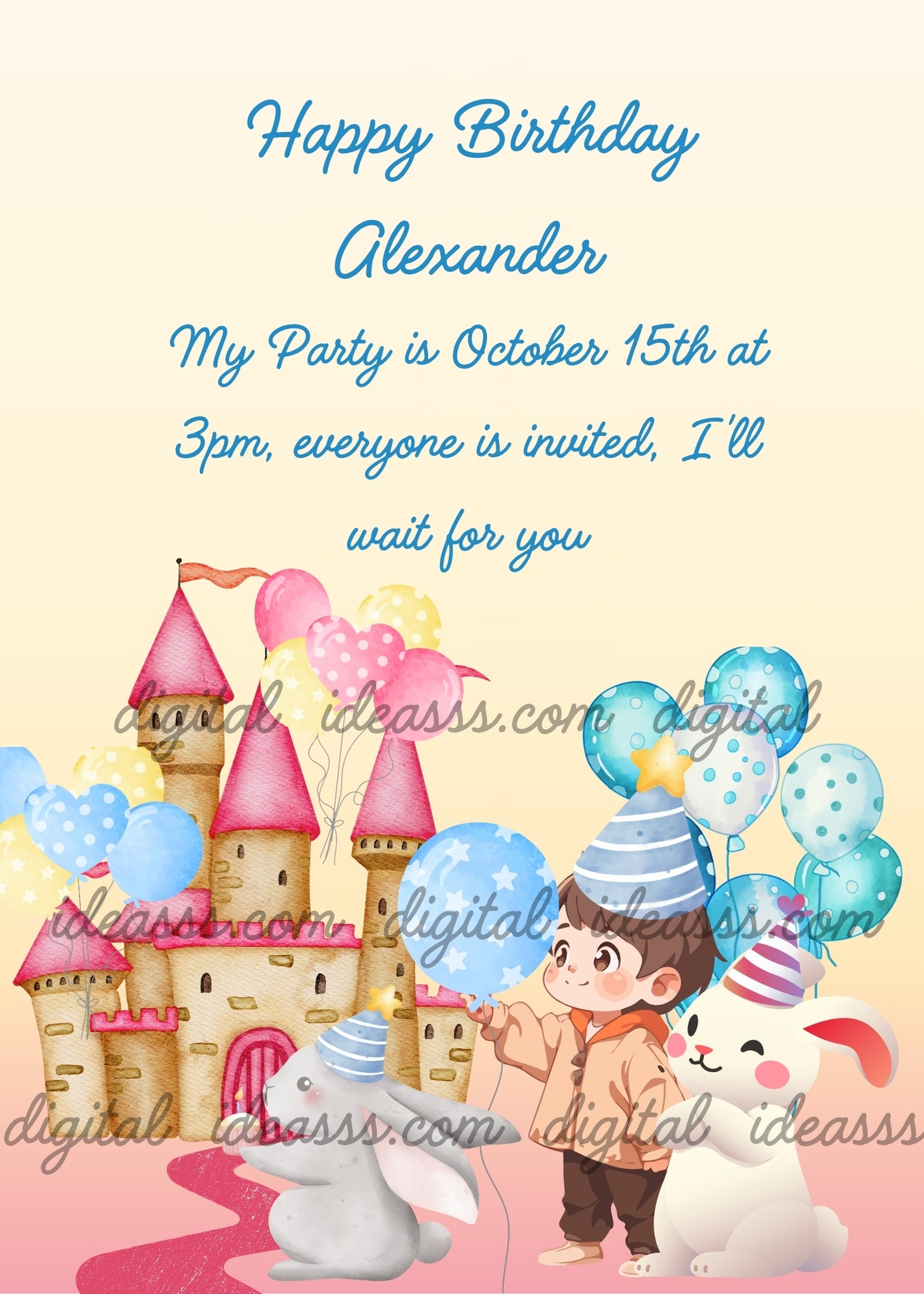 Child and bunnies, with party hats. In the background a castle decorated with lots of balloons. Printable birthday card for boys 1-9.