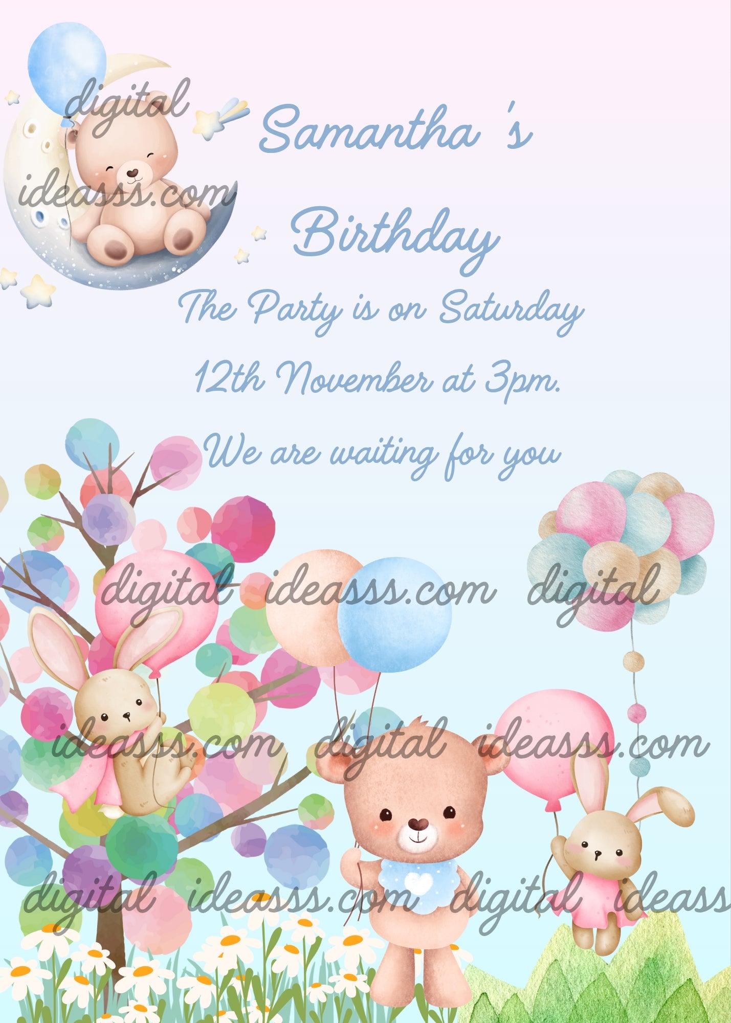 A meadow with cute teddy bears, a balloon tree, and bunnies flying with balloons. Printable birthday card for kids 1-8.