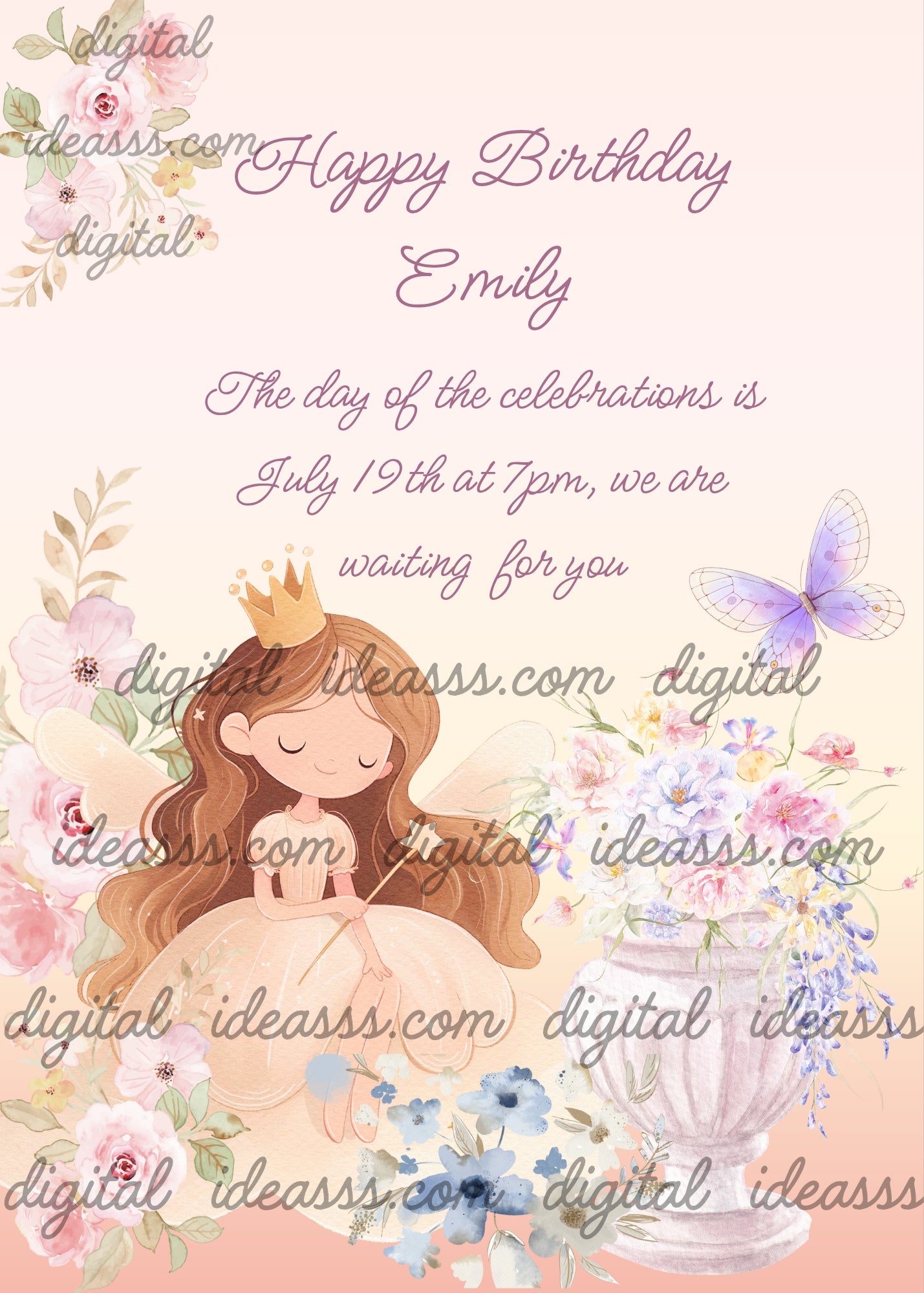 Delicate princess with magic wand, in her rose garden. Dominant color light pink. Printable birthday card for girls 9-14.