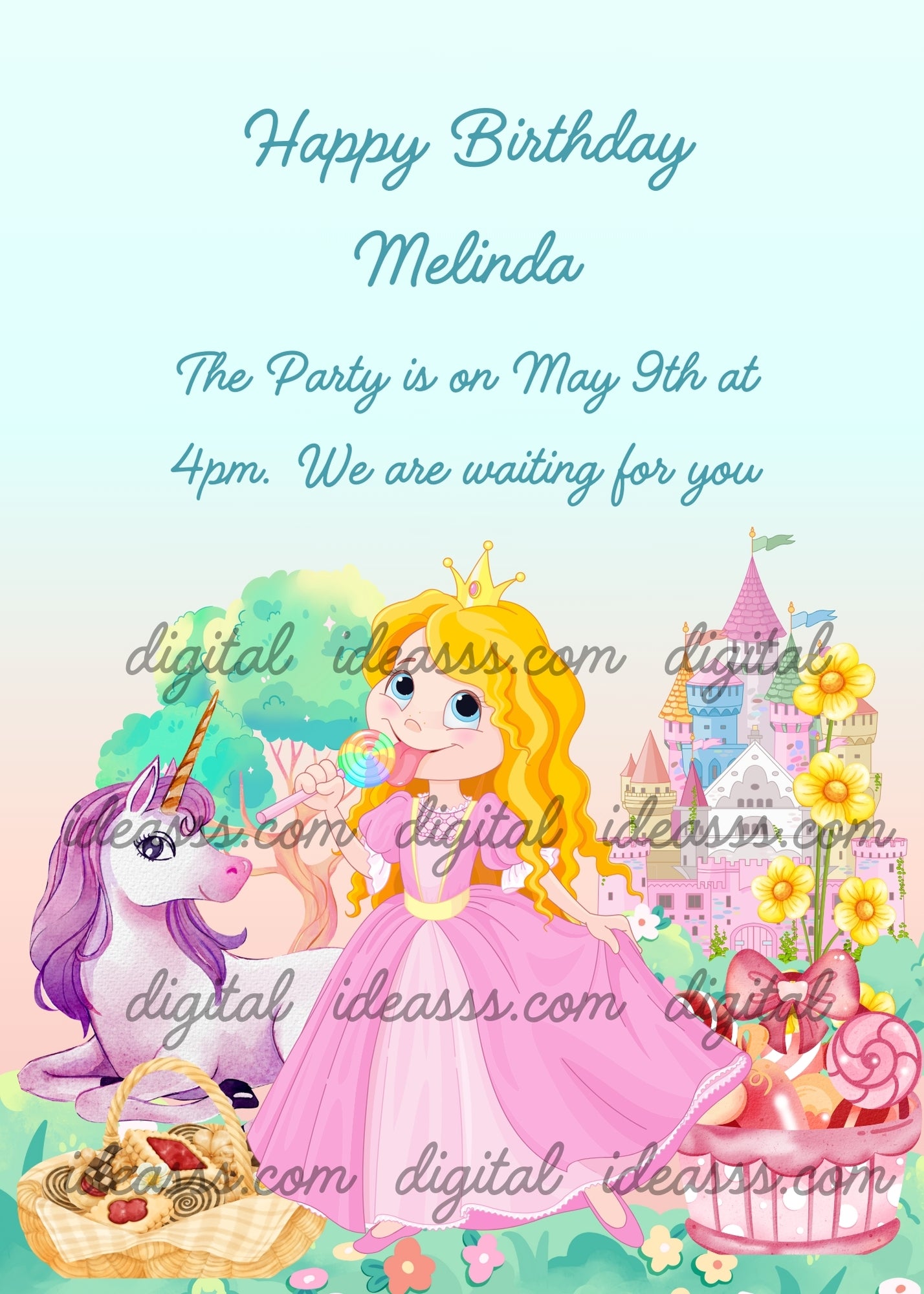 Princess with baskets of sweets in her garden. A unicorn and a colorful castle in the background . Printable birthday card for girls 6-12.