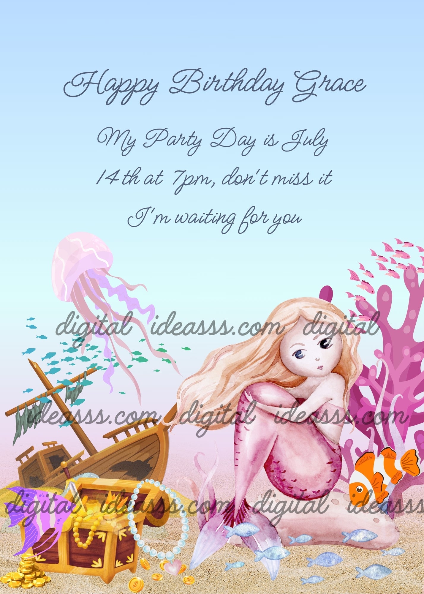 A mermaid sitting on the seabed, observes the wreck of a sailing ship, and its treasure. Printable birthday card for girls 8-14.