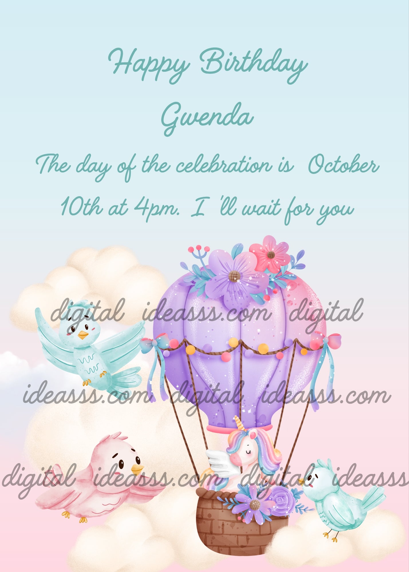 Unicorn travels in a hot air balloon, little birds watch in surprise. Printable birthday card for kids 1-8.
