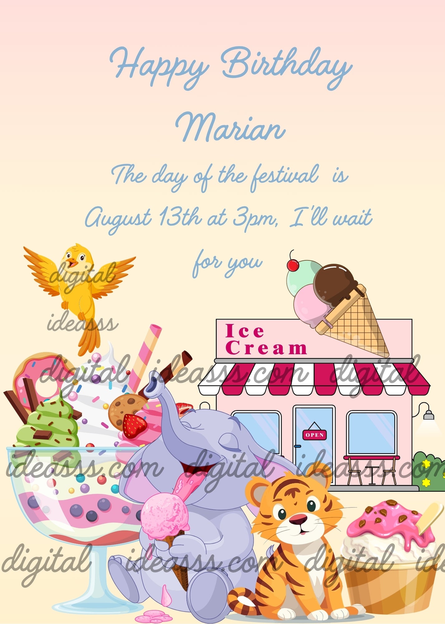 A little elephant happily enjoys is ice cream in front o an ice cream shop, a tiger looks surprised. Printable birthday card for kids 5-12.