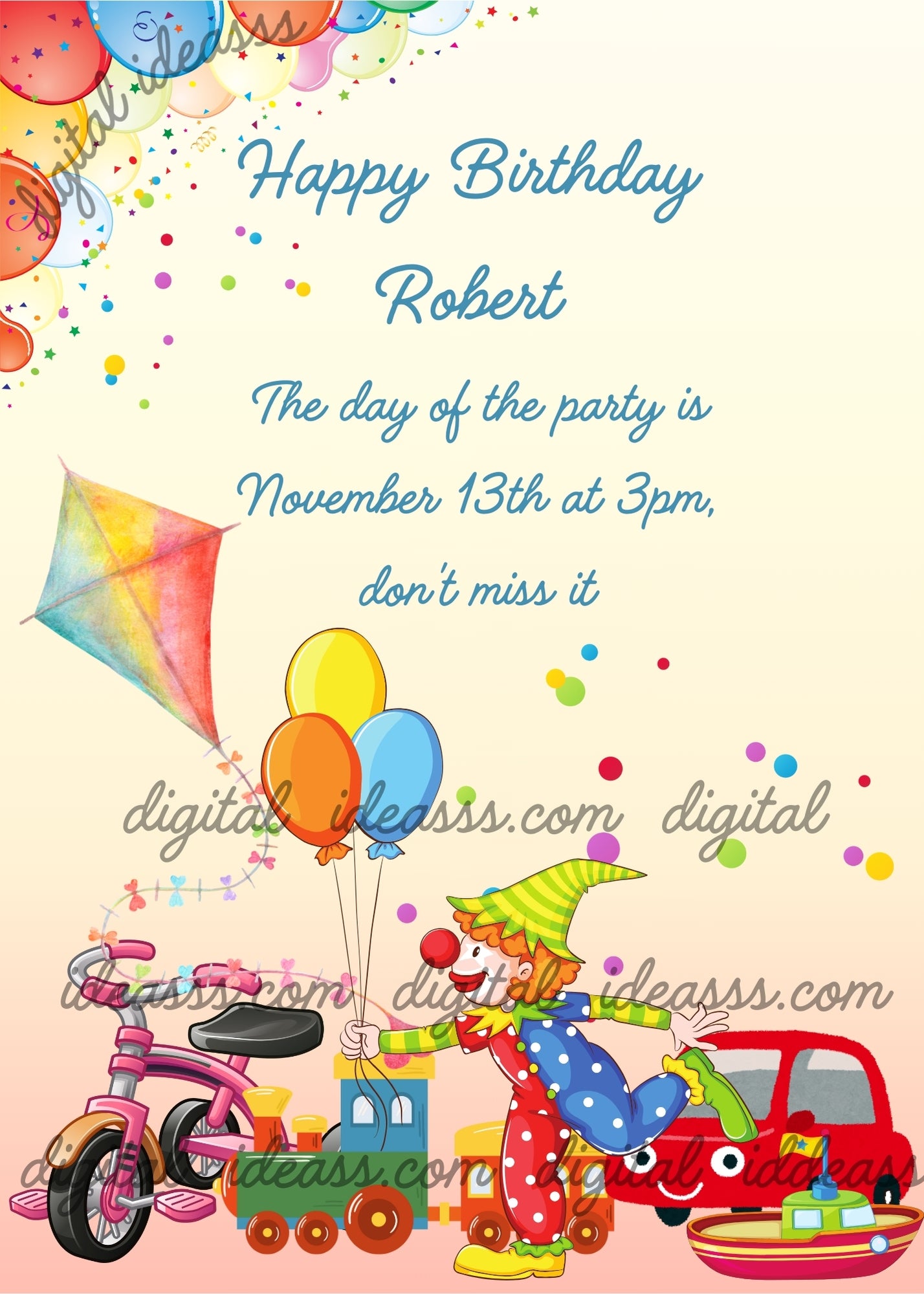 Clown with balloons in foreground, confetti, kite, and other colorful toys. Printable birthday card for kids 1-9.