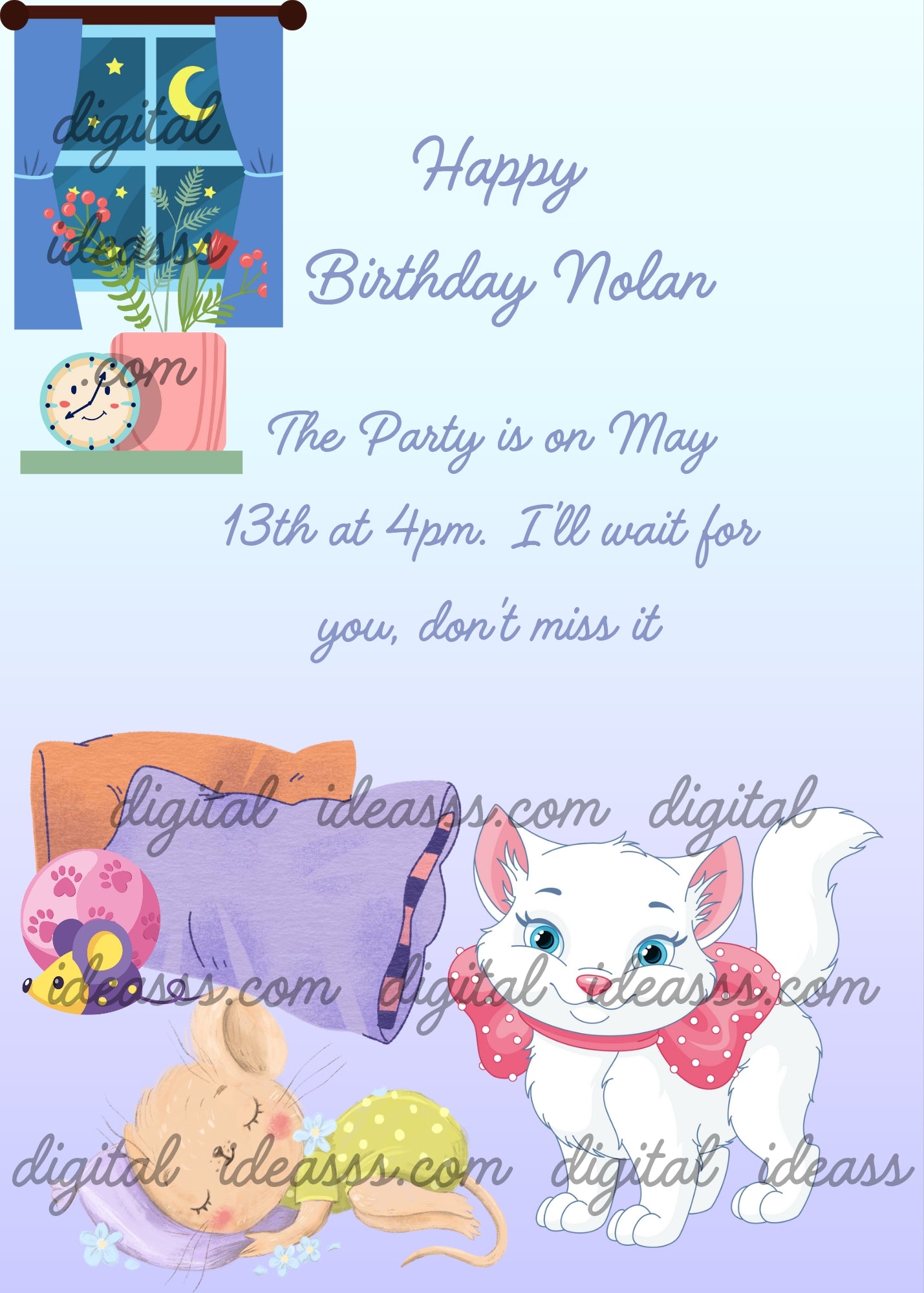 It's night; in a room a kitten is awake, and a litte mouse is sleeping on a pillow. Printable birthday card for kids 1-12.