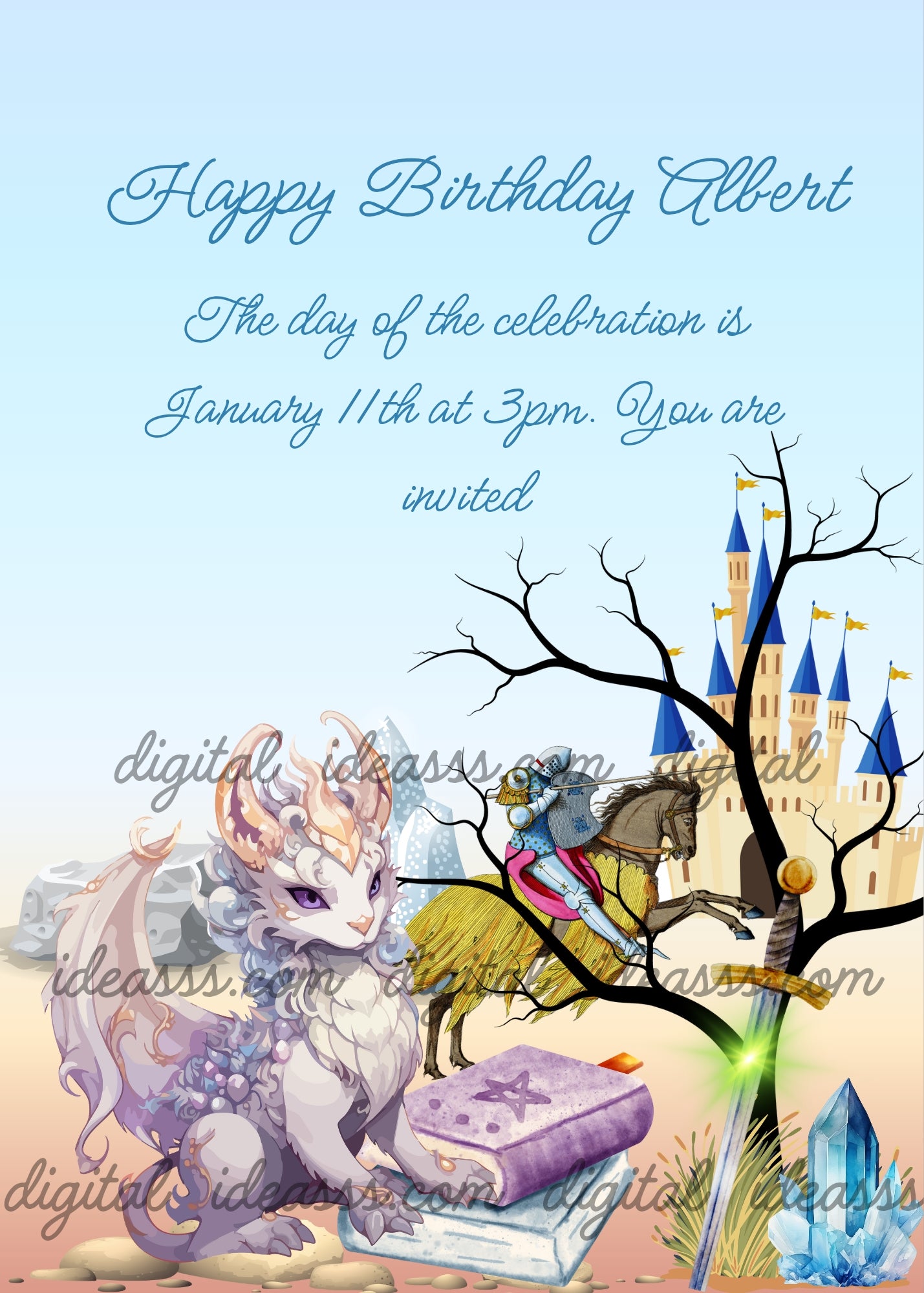 A white dragon is the guardian of a magic sword. In the background a knight and a castle. Printable birthday card for boys
9-14.