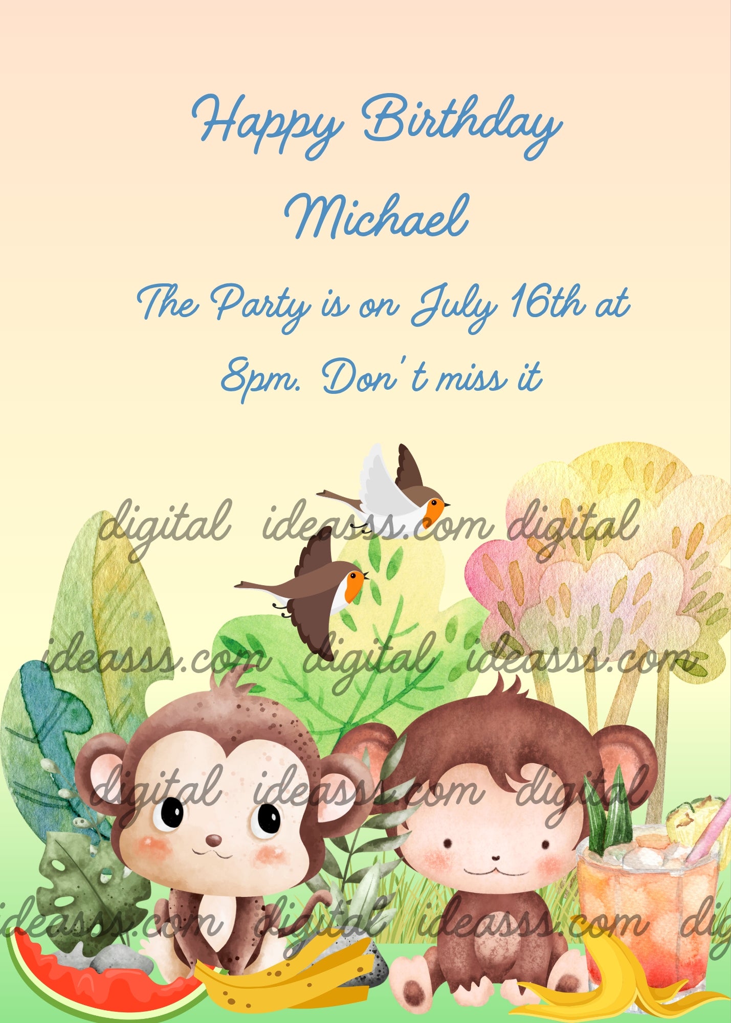 In a colorful jungle two monkeys have a snack: bananas, watermelon, and fruit juice. Printable birthday card for kids 1-8.