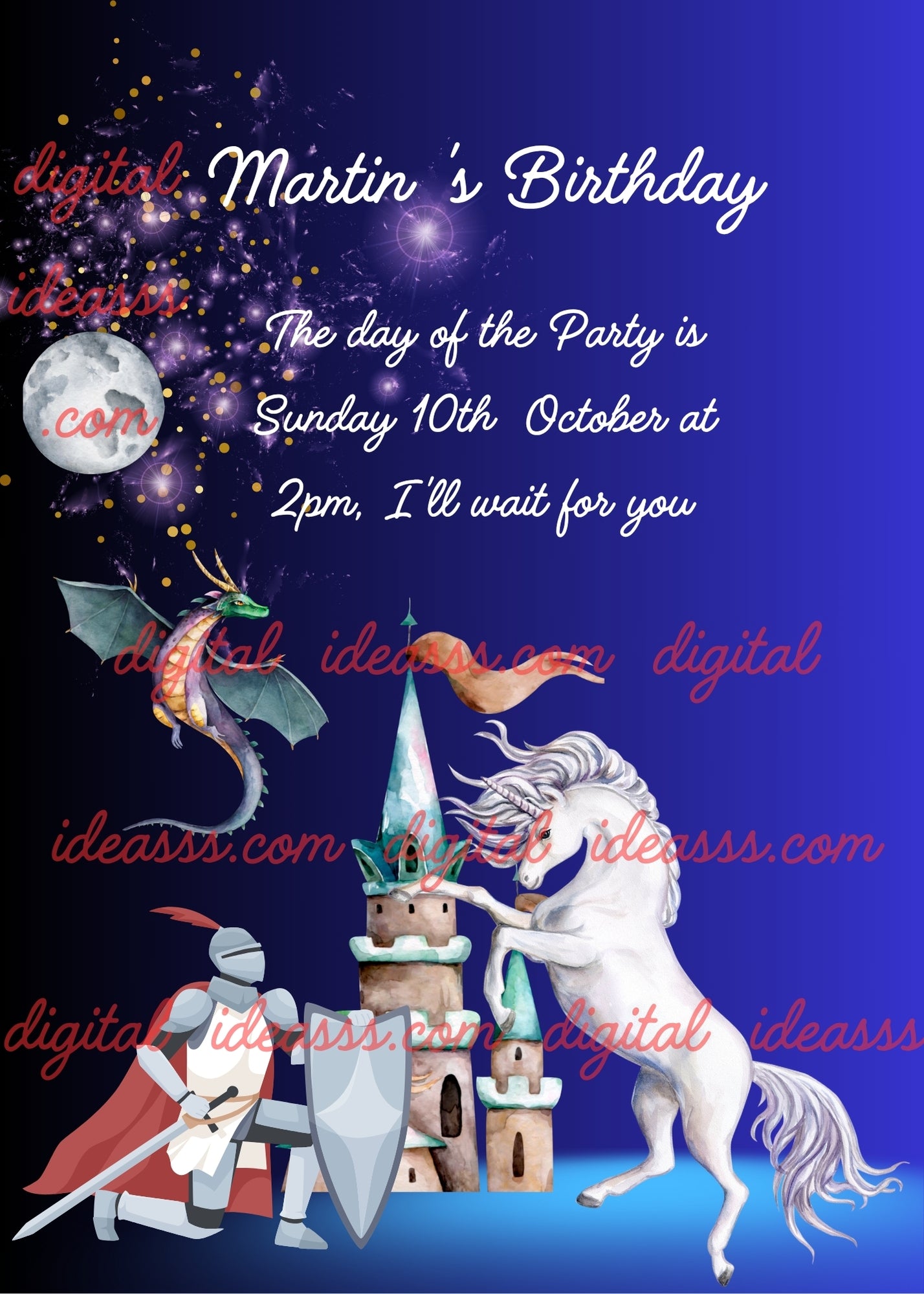 Small castle in the background, a knight kneeling in front a white unicorn. In the sky the moon and the dragon. Printable birthday card for boys 9-14.