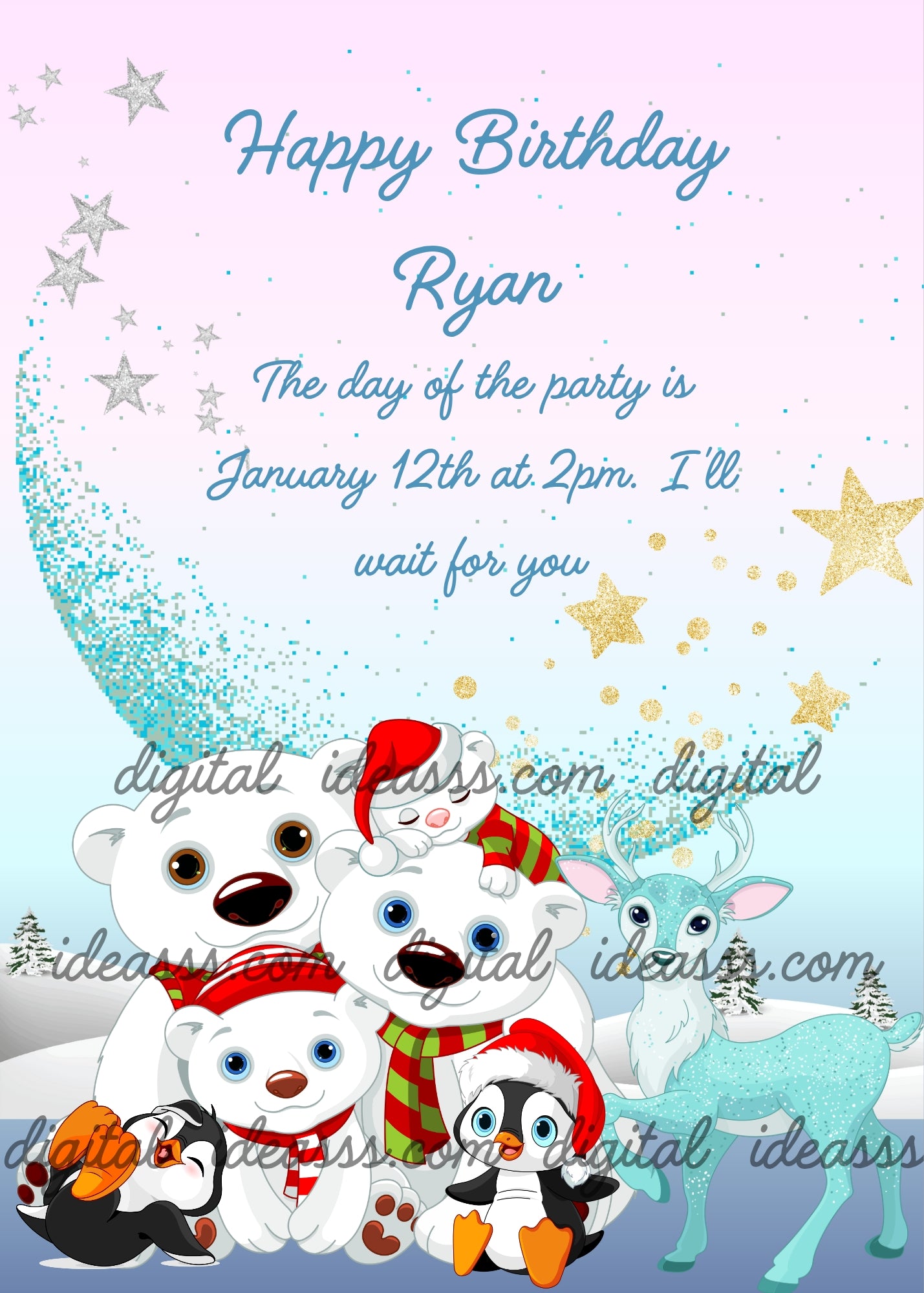 Snowy landscape with polar bear family, two cute penguins and a caribù. Big crescent moon in the background with stars. Printable birthday & Christmas card for kids 5-12.