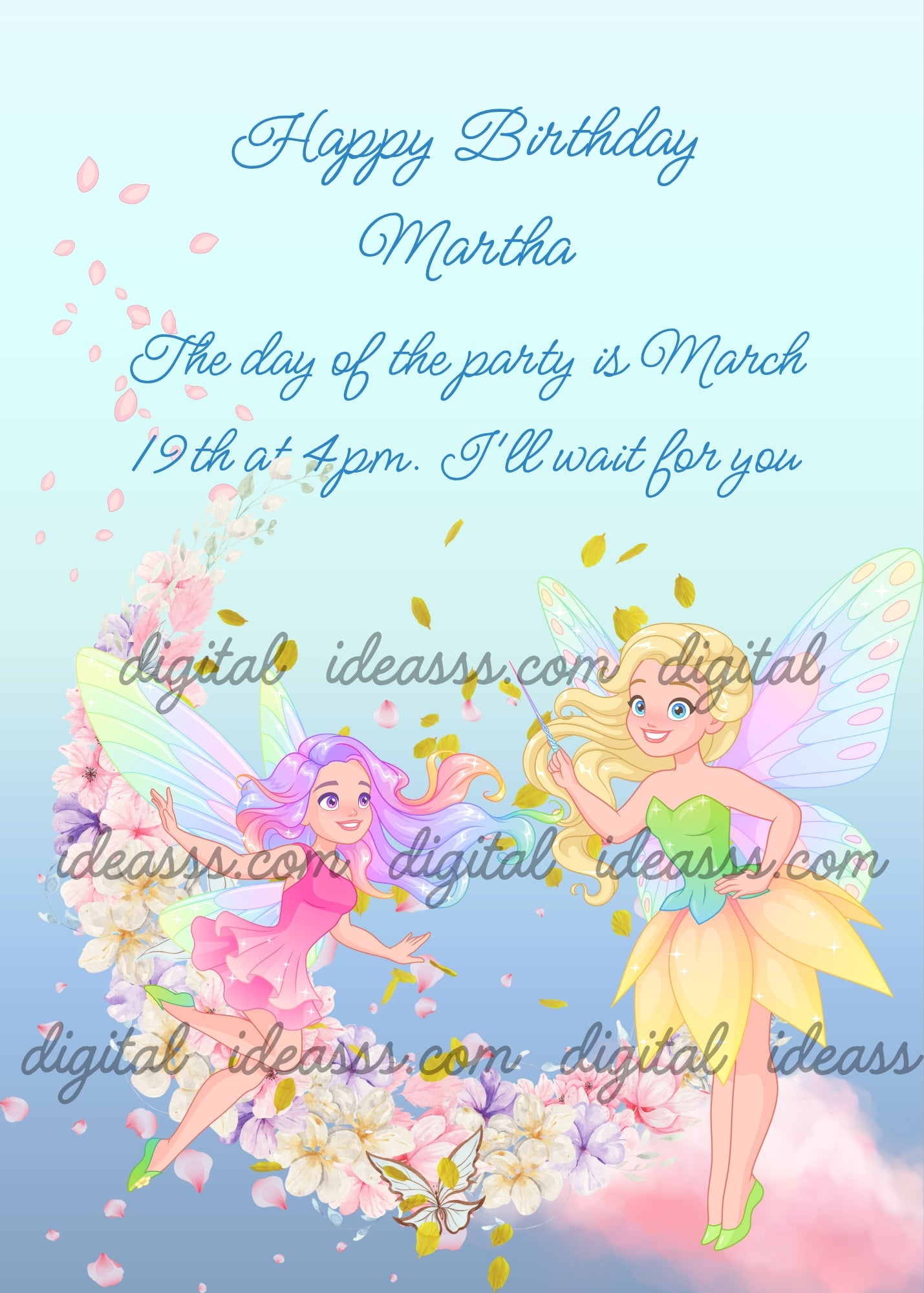A moon made of flowers with two fairies. One in flight, and the other on a cloud. Printable birthday card for girls 9-14.