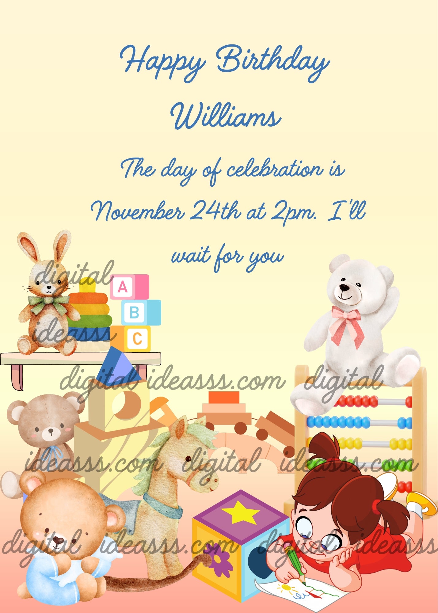 Room full of toys, with little girl drawing while lying on the floor. Printable birthday card for kids 1-9.
