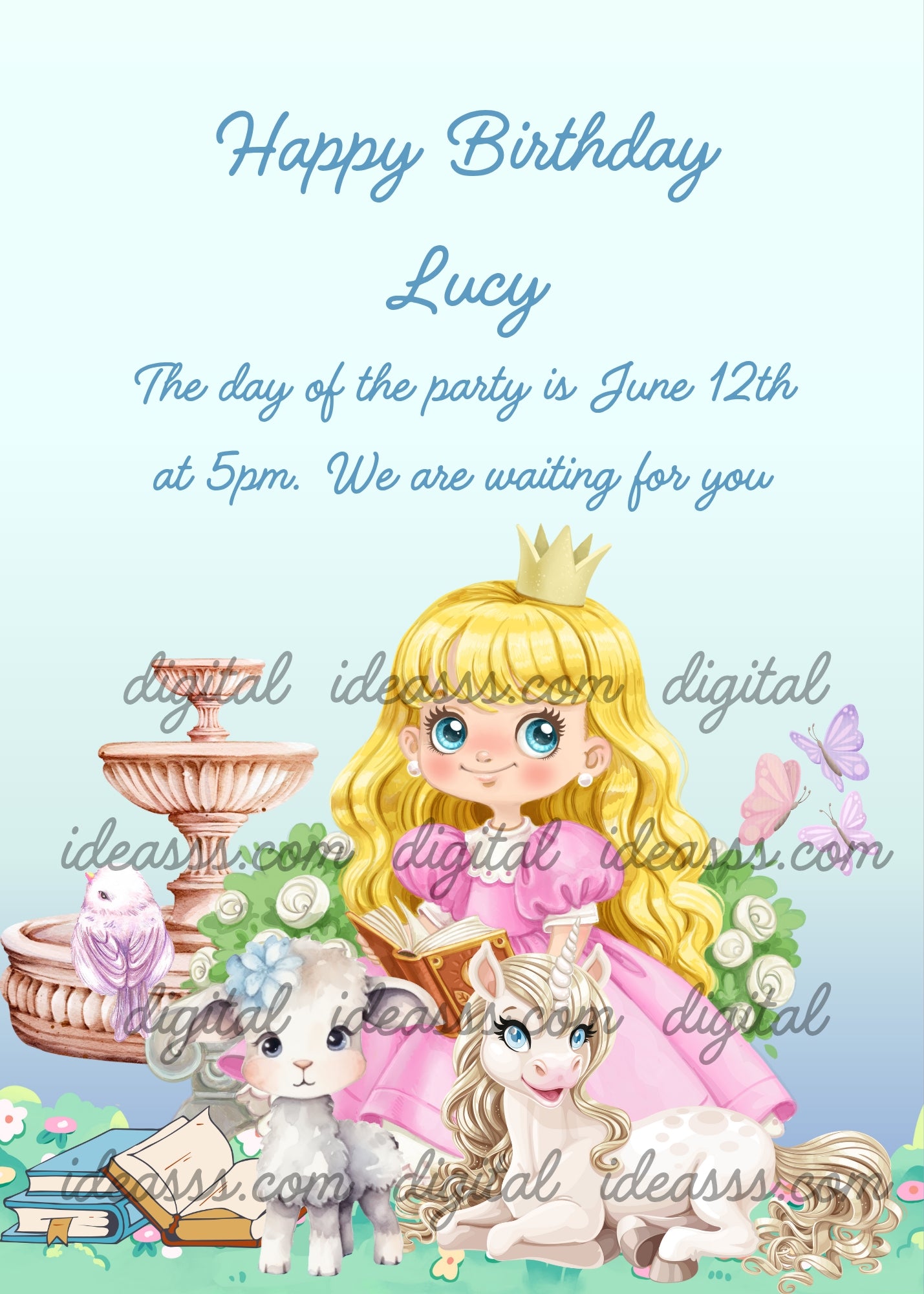 A princess sitting, in her garden reads a book. Next to her her friends: a unicorn and a lamb. Printable birthday card for girls 6-12.