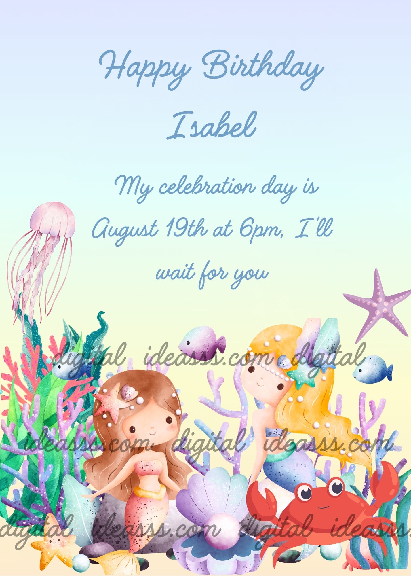 Two baby mermaids among seaweed and coral, next to them a funny red crab. Printable birthday card for girls 1-8.