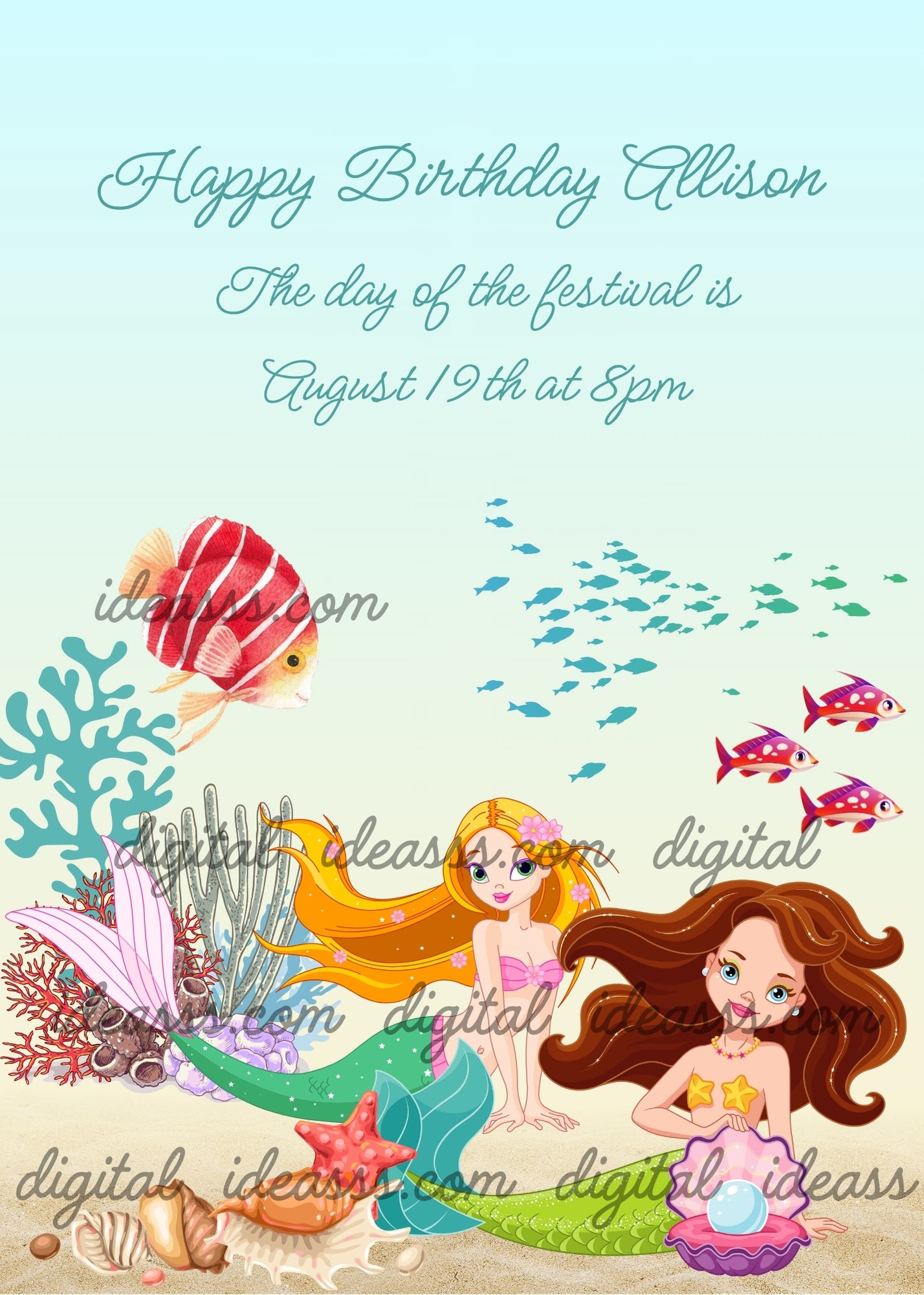 Teenage mermaids on the seabed with shells and coral. A goldfish swims nearby. Printable birthday card for girls 9-14.