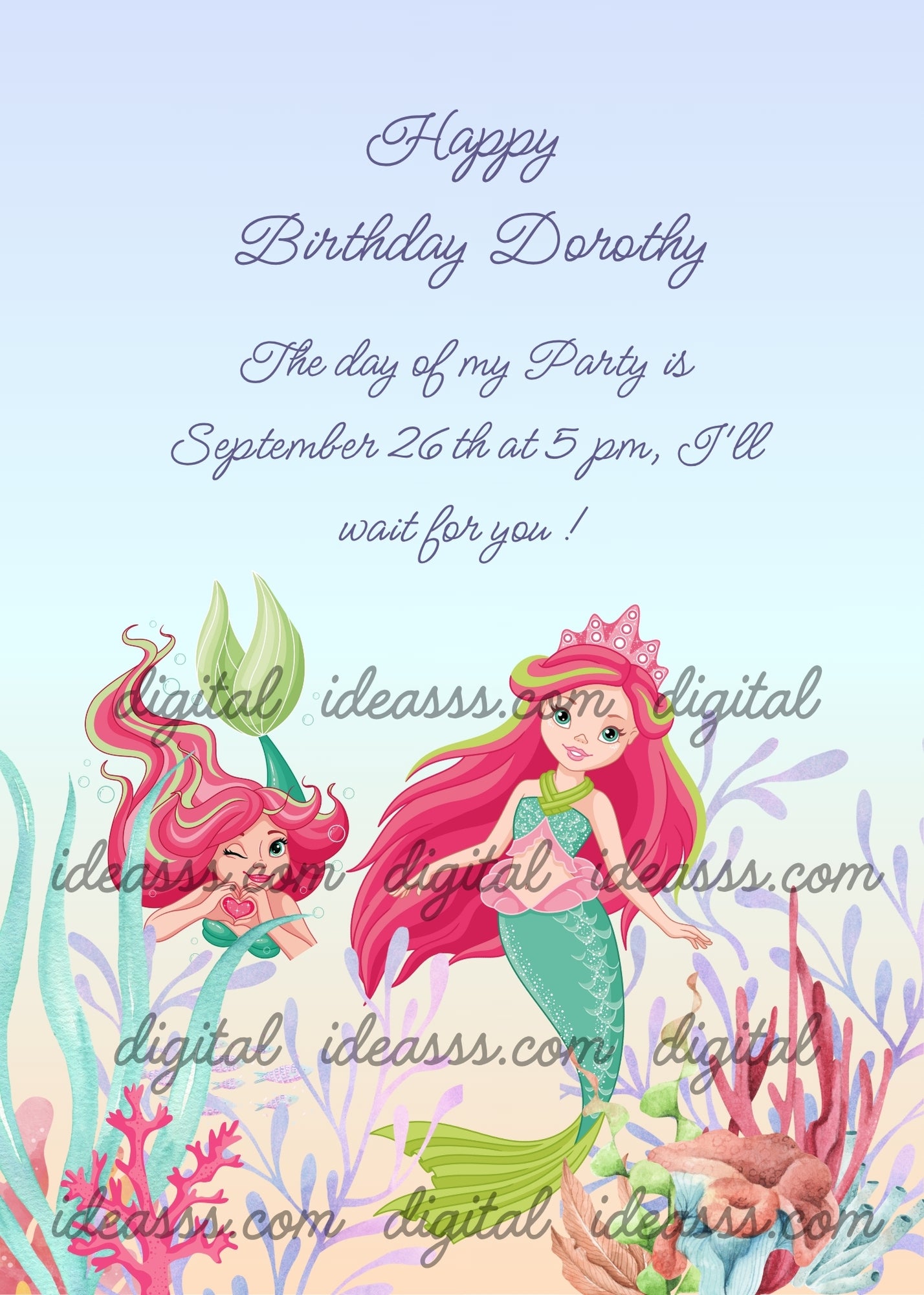 Cute red-haired twin mermaids swim together among seaweed and coral. Printable birthday card for girls 10-14.