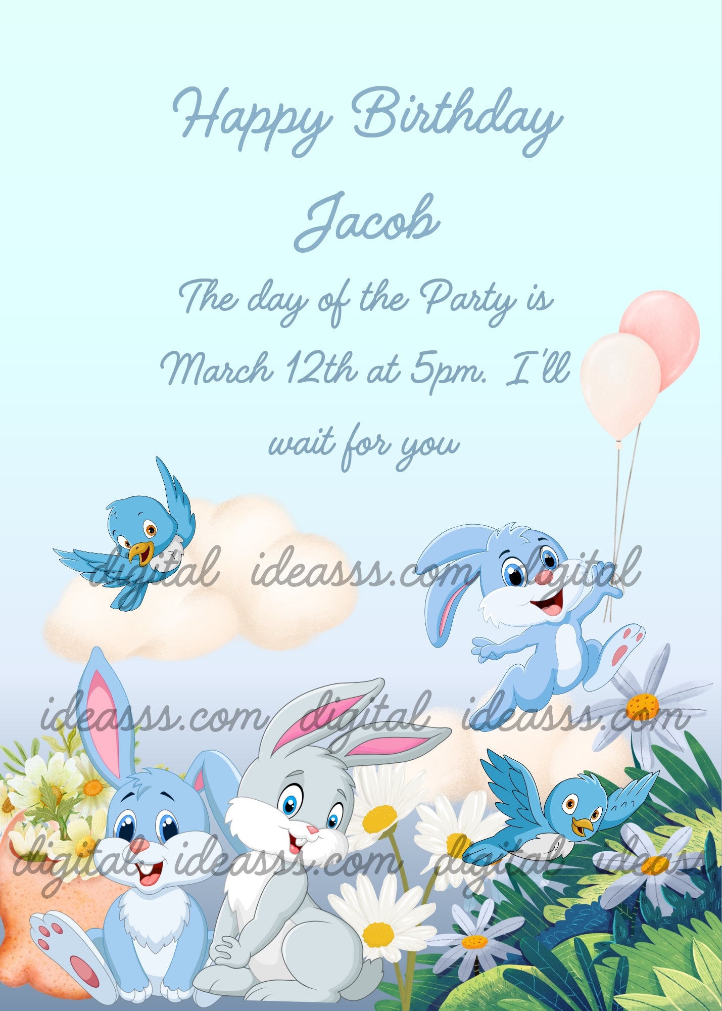Colorful bunnies in a daisy field, with little birds, and a bunny flying with balloons. Printable birthday card for kids 1-12.
