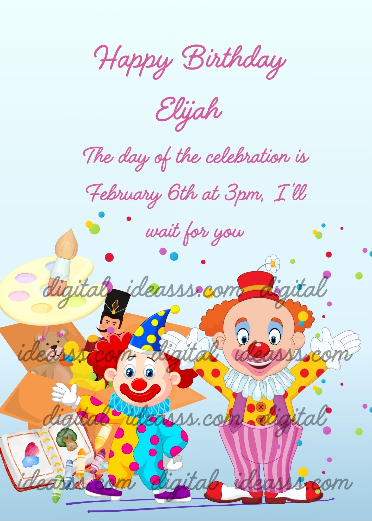 Two clowns with bright clothes toys, paints and confetti. This card is very cheerful and colorful. Printable birthday card for kids 6-12.