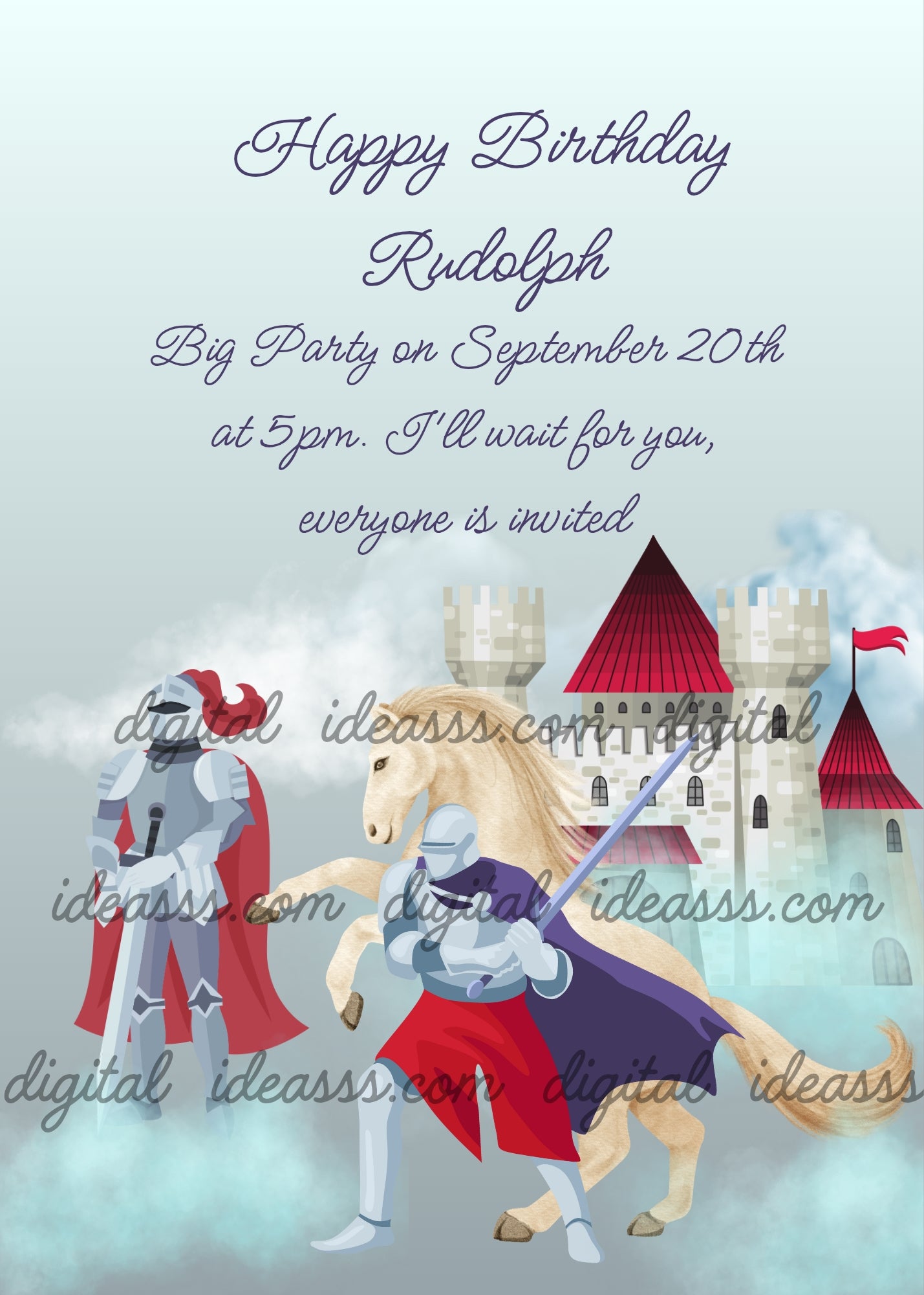 Two knights wrapped in fong with white horse, castle in the background. Only the red color of the roofs and the knights' clothes, stands out. Printable birthday card for boys 9-14.