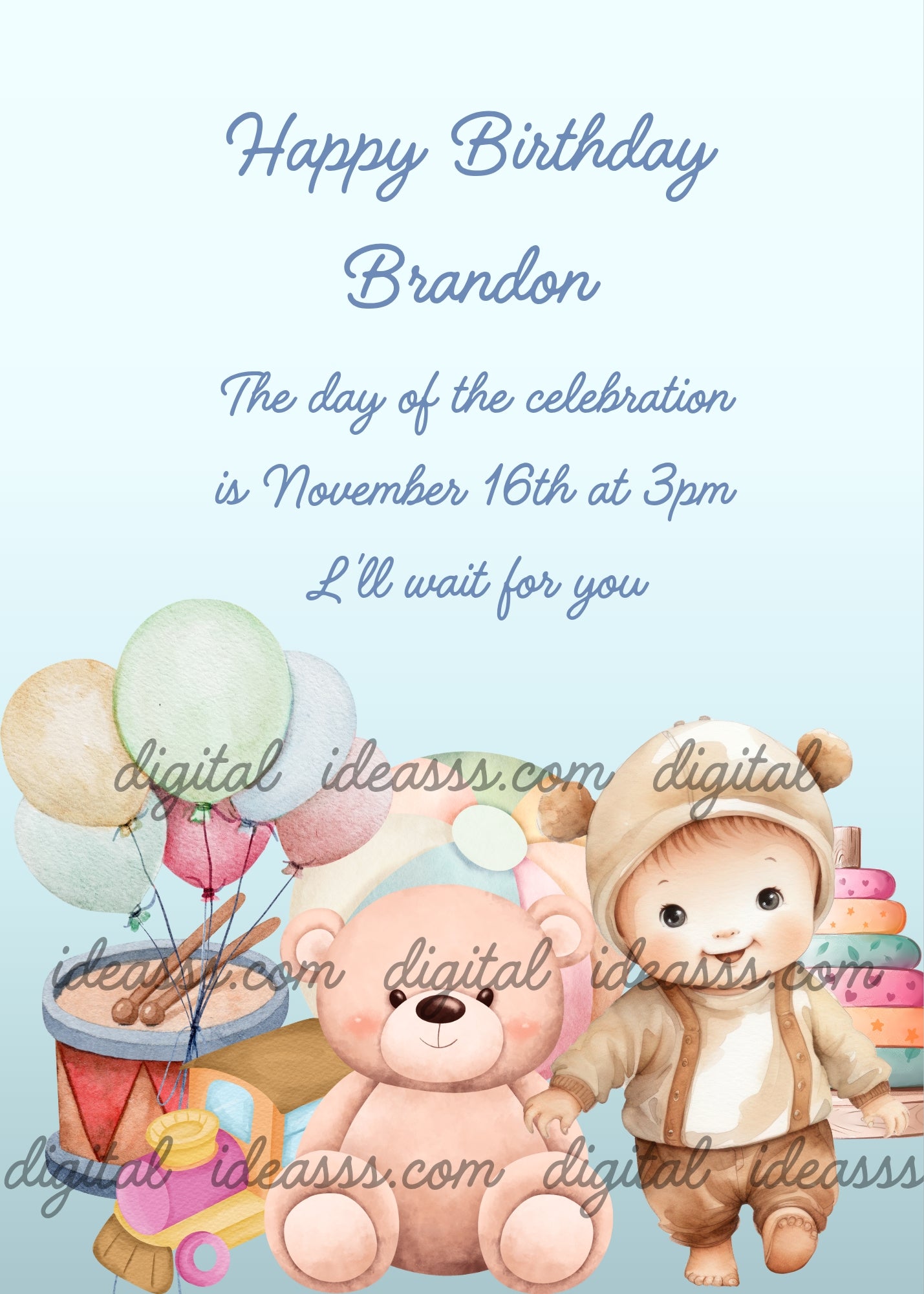 Close-up a teddy bear, with a child in a teddy bear suit. In the background colorful toys. Printable birthday card for kids 1-8.