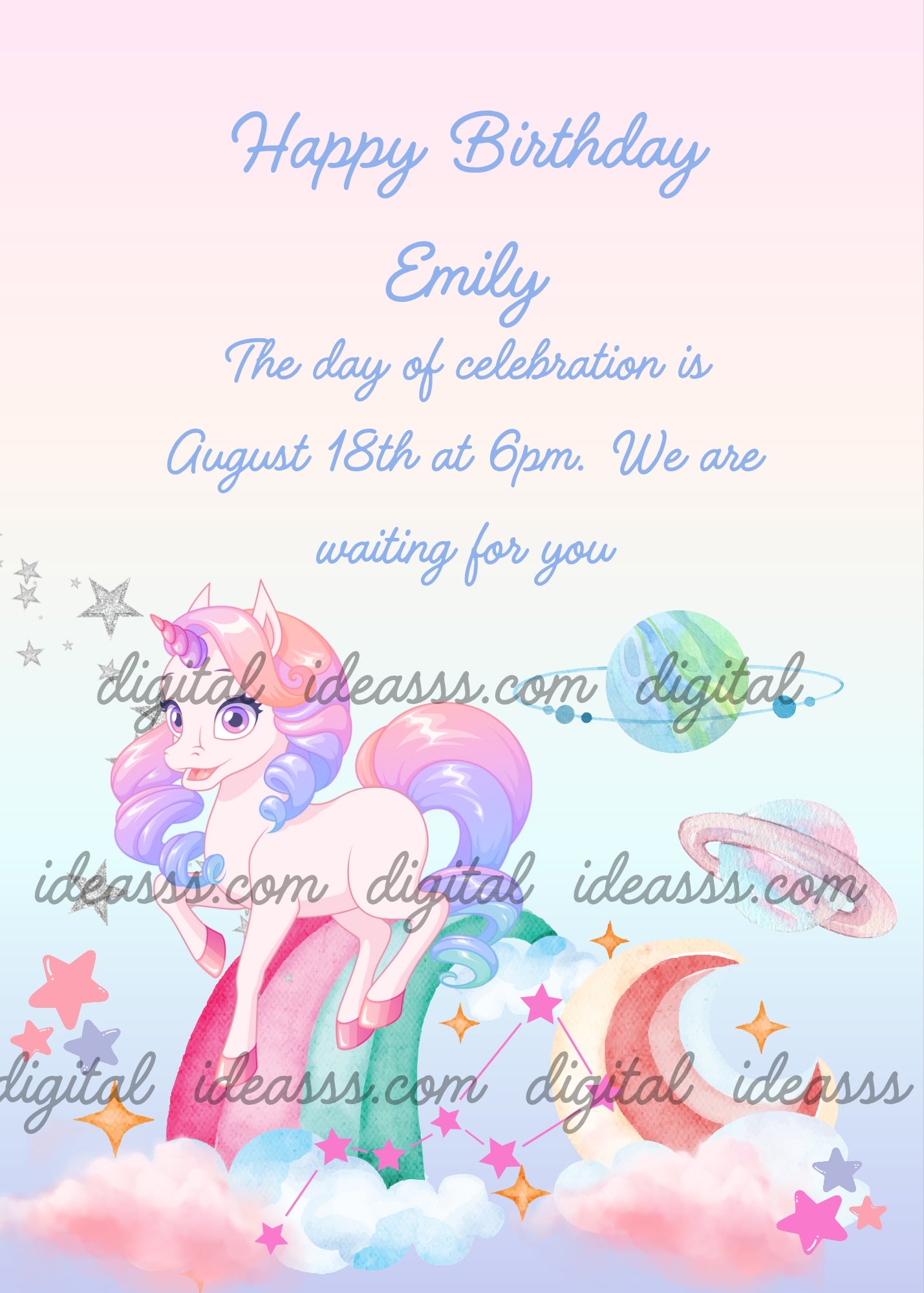 A colorful unicorn on a rainbow in the middle of the clouds, with Saturn, Moon, and Ursa Major, around it. Printale birthday card for kids 1-9.