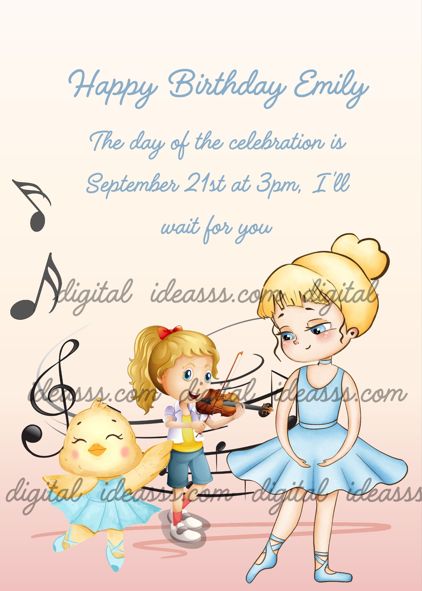 A little girl plays the violin, a ballerina watches a canary dance. Printable birthday card for girls 5-12.