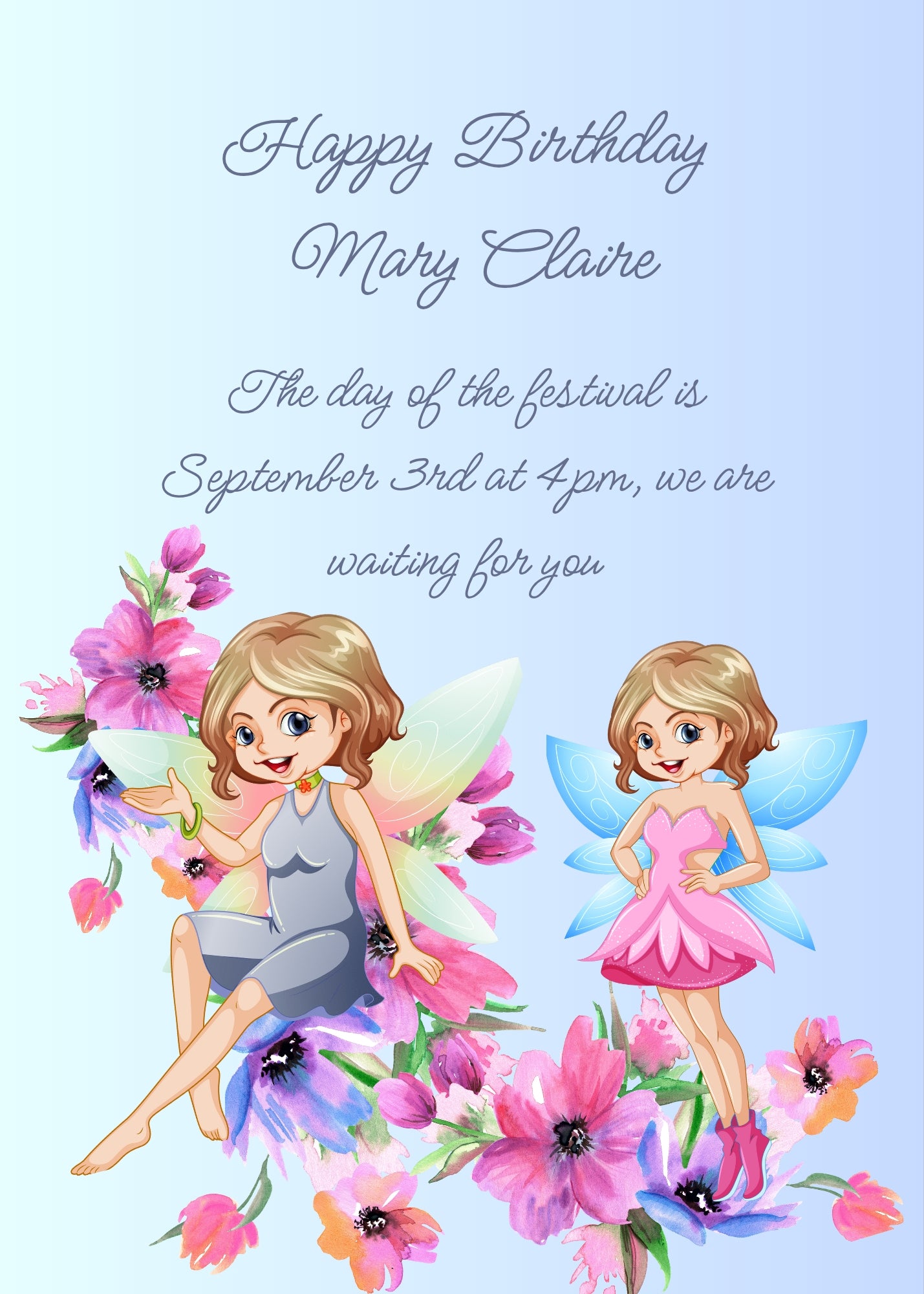 Two pretty fairies: one sitting on an Anemone flower, the other standing on tiptoe. Printable birthday card for girls
9-14.