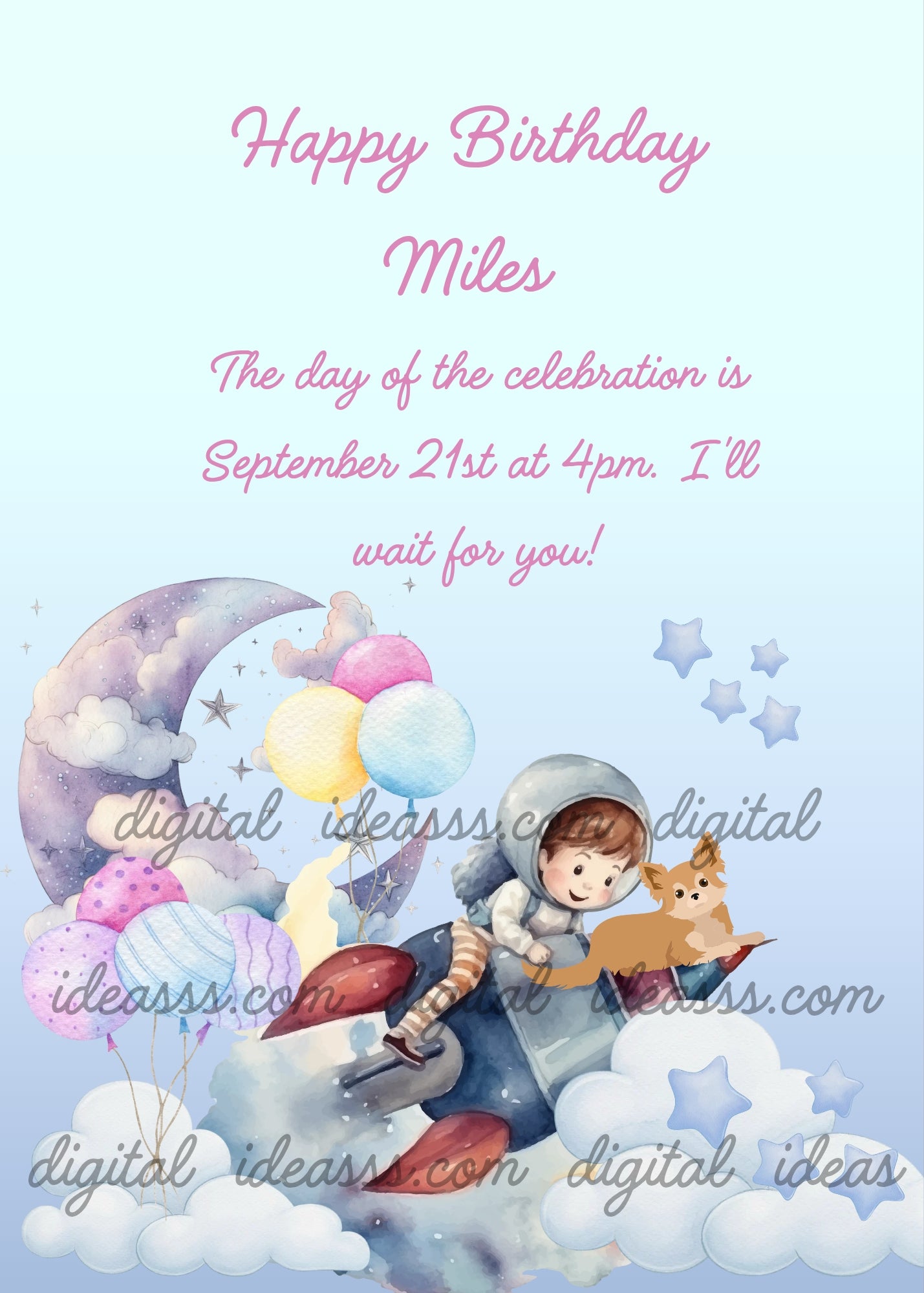 Child with space rocket and puppy, flying to the balloon moon. Printable birthday card for boys 6-13.