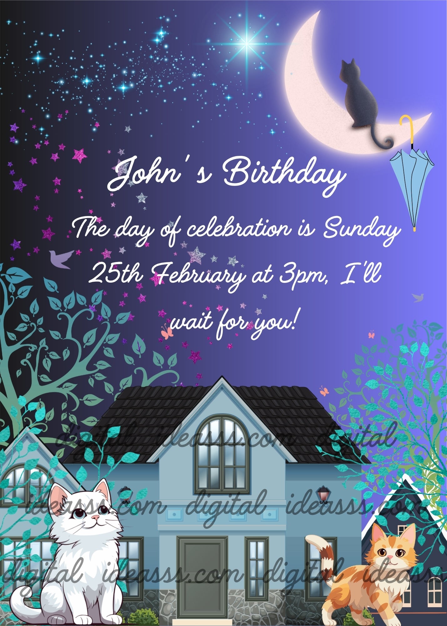 Houses in the moonlight, and kittens in the garden. One of them observes a kitten on the moon with an umbrella. Printable birthday card for kids 6-13.