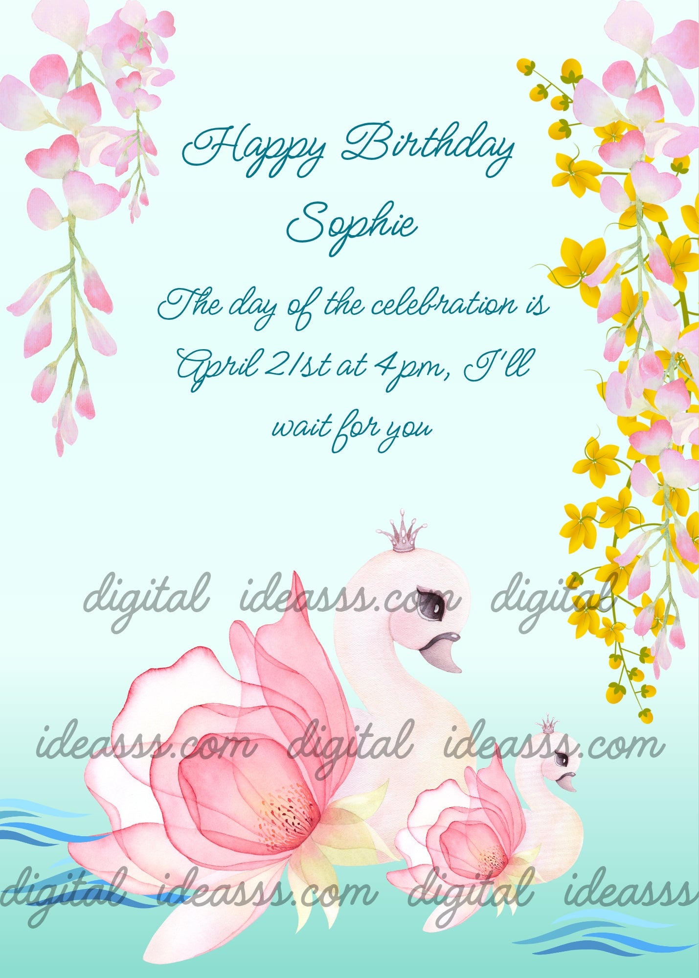 A blue shade for a pond, two swans half flowers. On the sides pink and yellow flowers of Wisteria. Printable birthday card for girls 10-14.