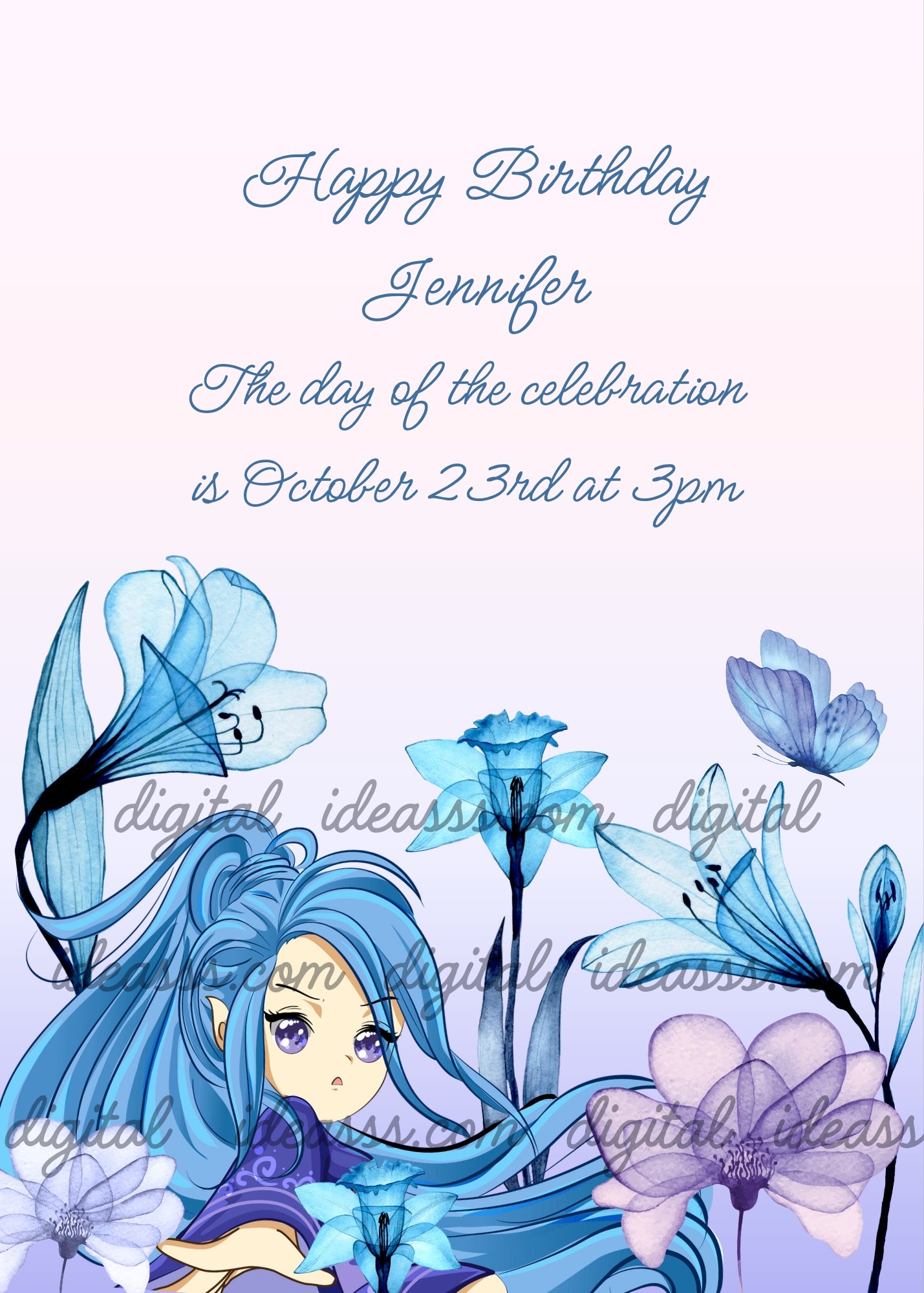 In the foreground a fairy with the blue hair, with the glass flowers that surround her. Printable birthday card for girls 8-14.