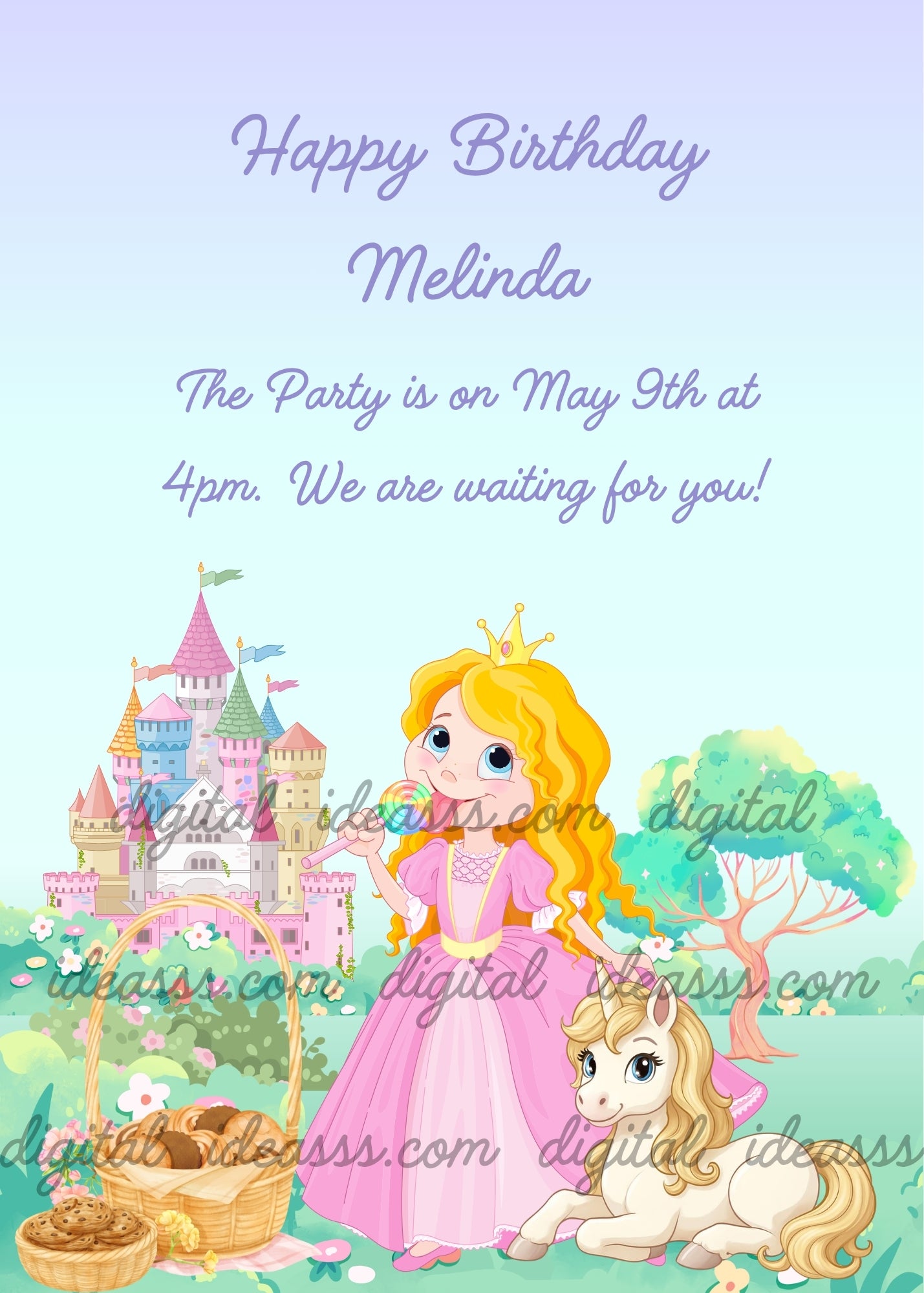 Princess with baskets of sweets in her garden. A unicorn and a colorful castle in the background . Printable birthday card for girls 6-12.