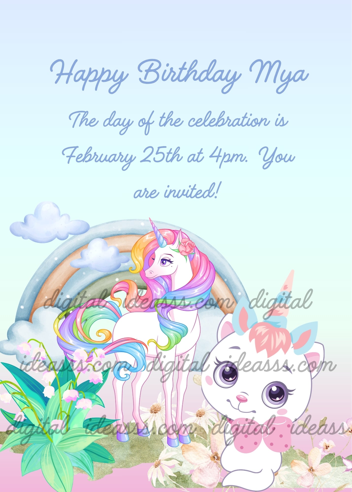 Cute kitten with ears and horn on its head, to imitate a unicorn that is sees on the lawn. Printable birthday card for kids 1-9.