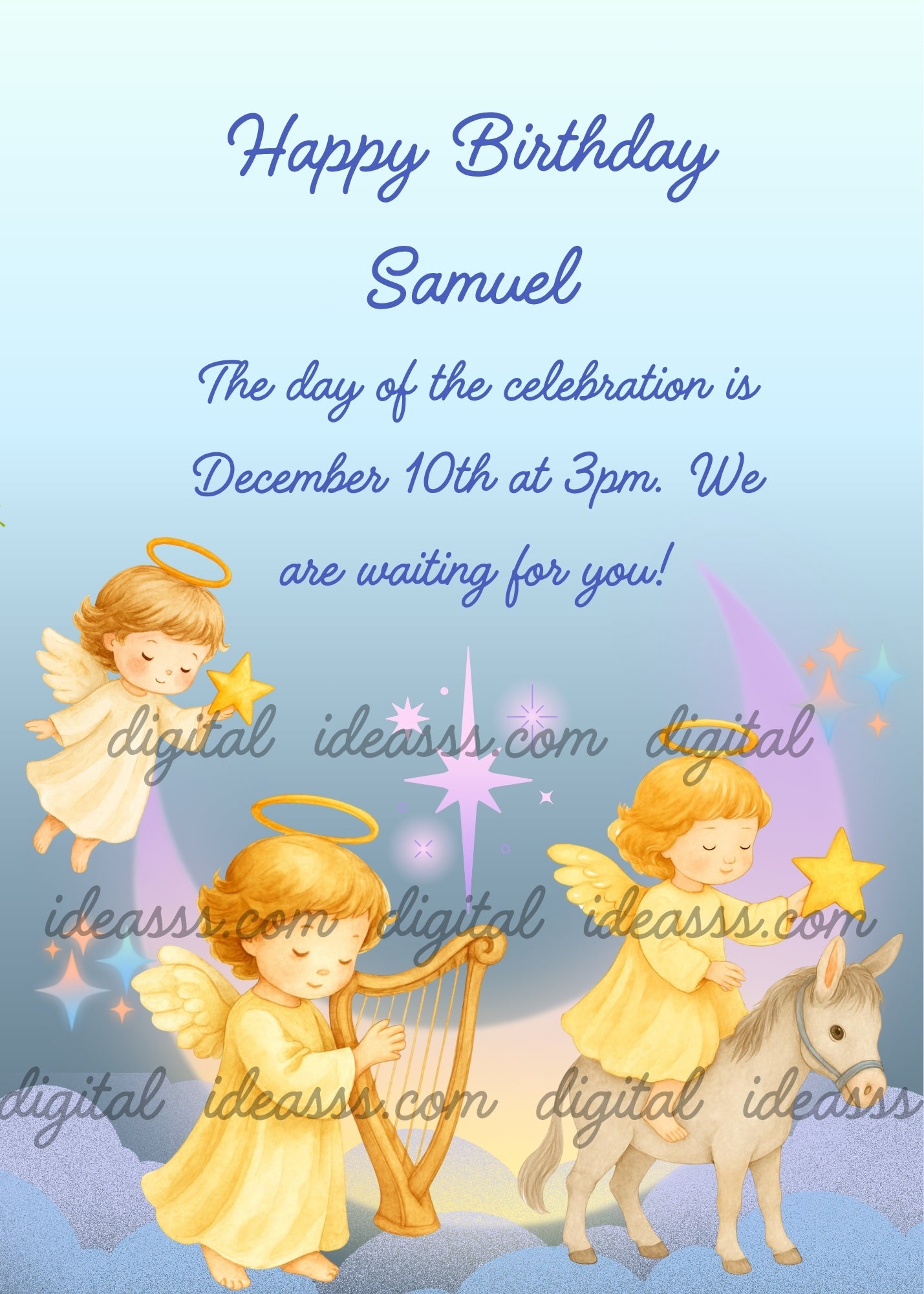 In a night sky three little angels are on clouds next to a crescent moon and stars. One is playing the harp, the other two are holding a star. Printable birthday & Christmas card for kids 1-9.