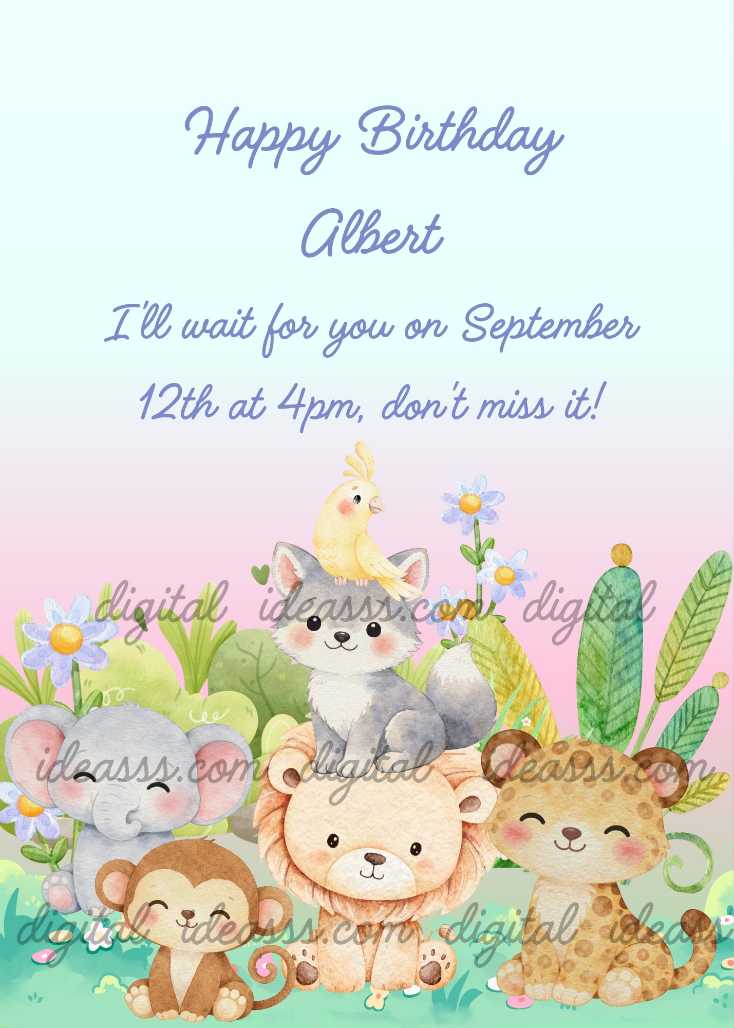 At the sunset Jungle animals gather to play the tower game. Printable birthday card for children 1-9.