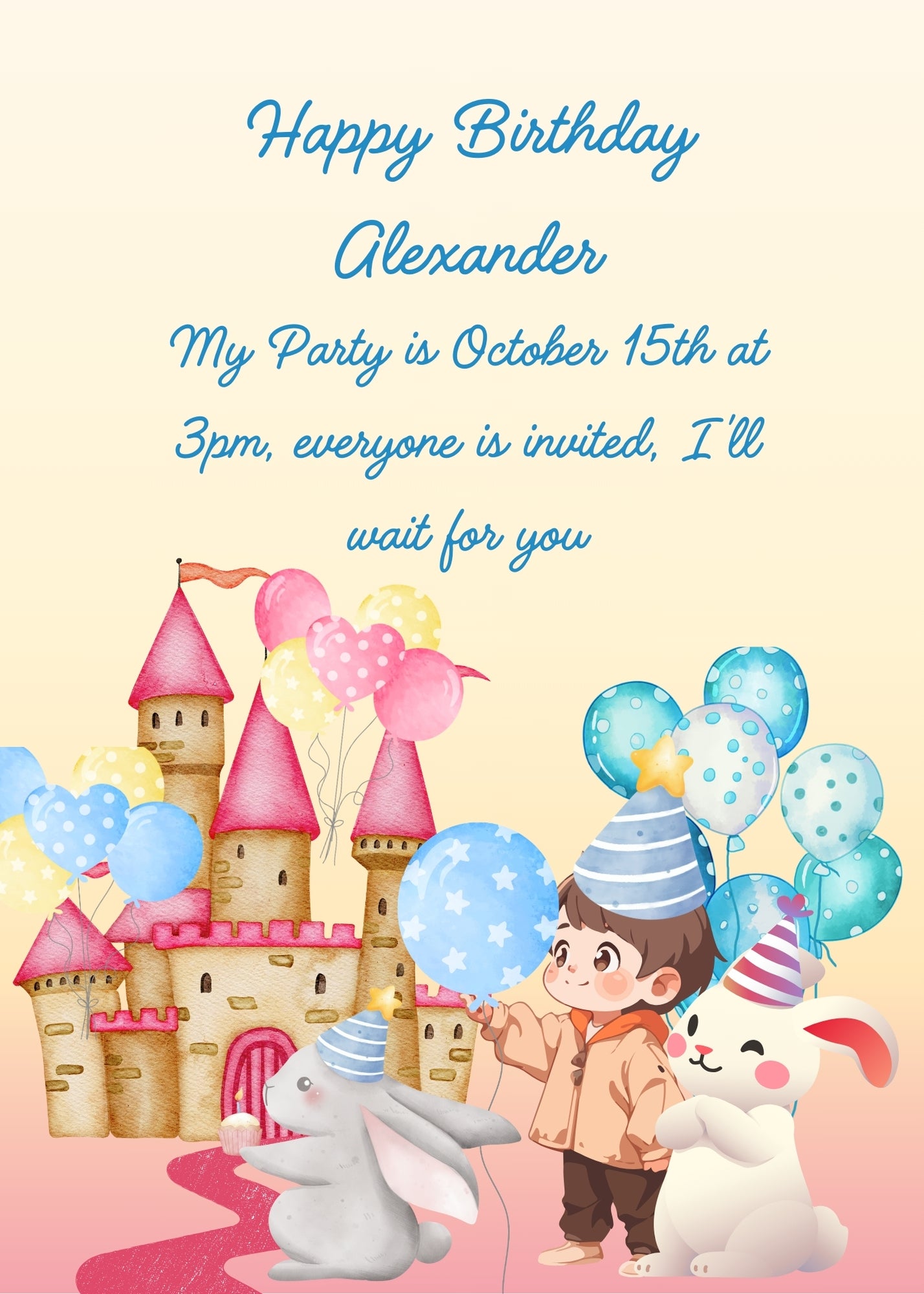 Child and bunnies, with party hats. In the background a castle decorated with lots of balloons. Printable birthday card for boys 1-9.