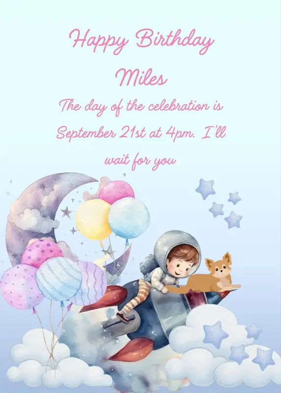 Child with space rocket and puppy, flying to the balloon moon. Printable birthday card for boys 6-13.