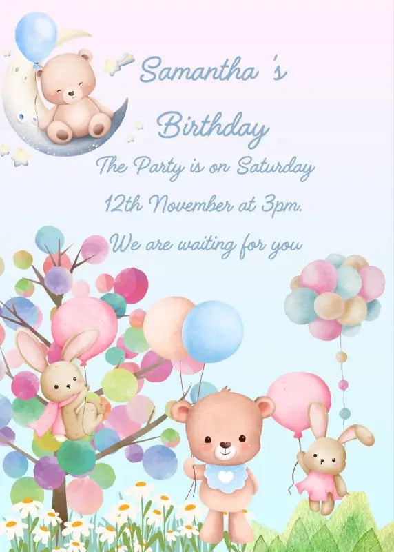 A meadow with cute teddy bears, a balloon tree, and bunnies flying with balloons. Printable birthday card for kids 1-8.