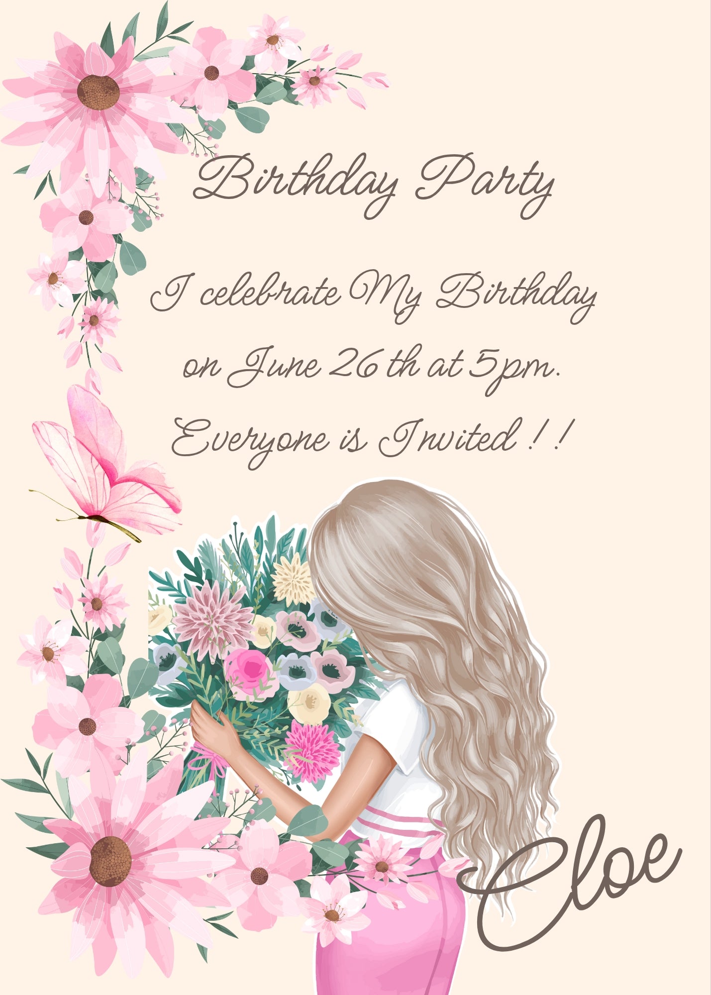 Little girl with bouquet of flowers; on one side pink daisies and butterfly. Printable birthday card for girls 9-14.