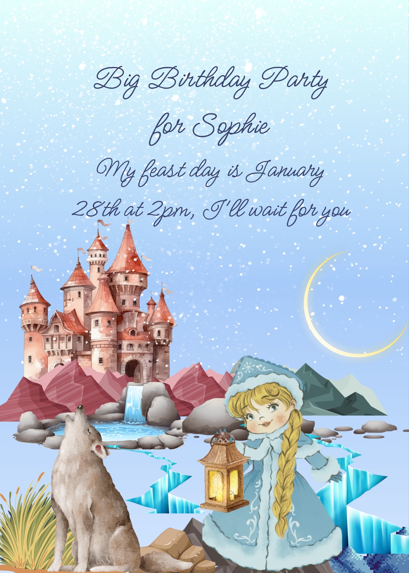 Magical landscape with castle, frozen lake and moon, while it is snowing. A princess with a lantern and a wolf next to her. Printable birthday card for kids 9-14.
