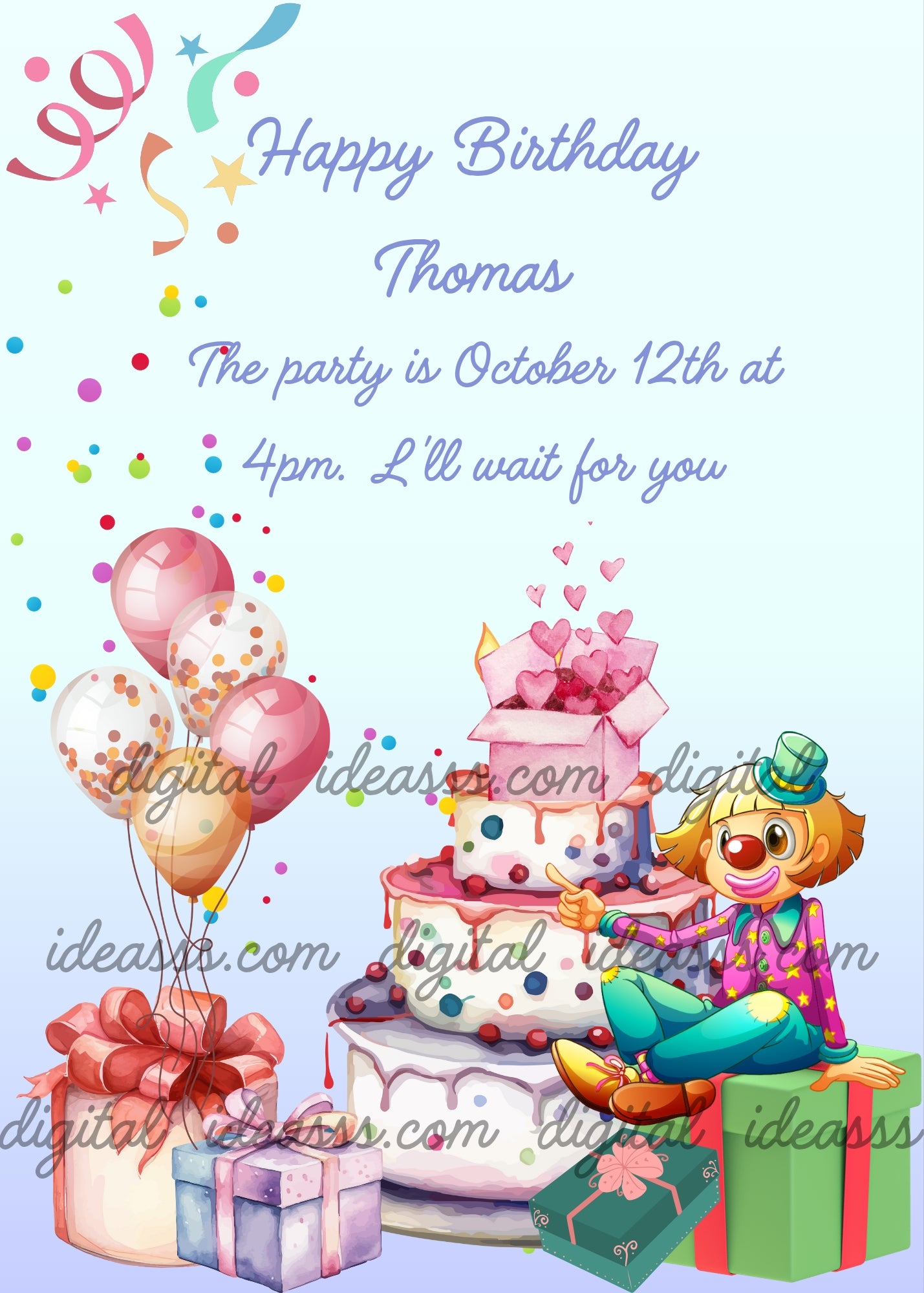 Cute clown sitting on a gift box with birthday cake, balloons and confetti. Printable birthday card for kids aged 1-9.