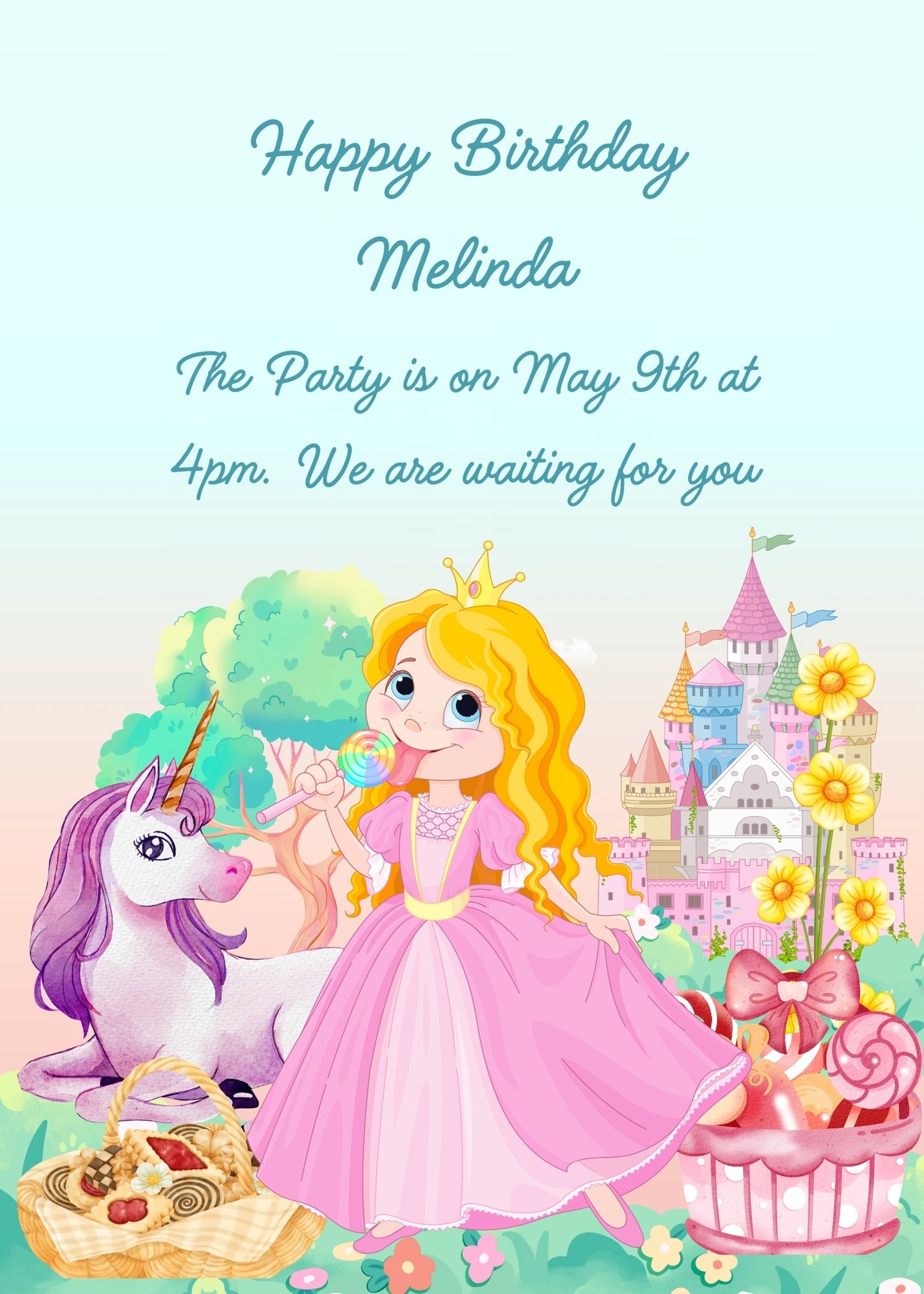 Princess with baskets of sweets in her garden. A unicorn and a colorful castle in the background . Printable birthday card for girls 6-12.