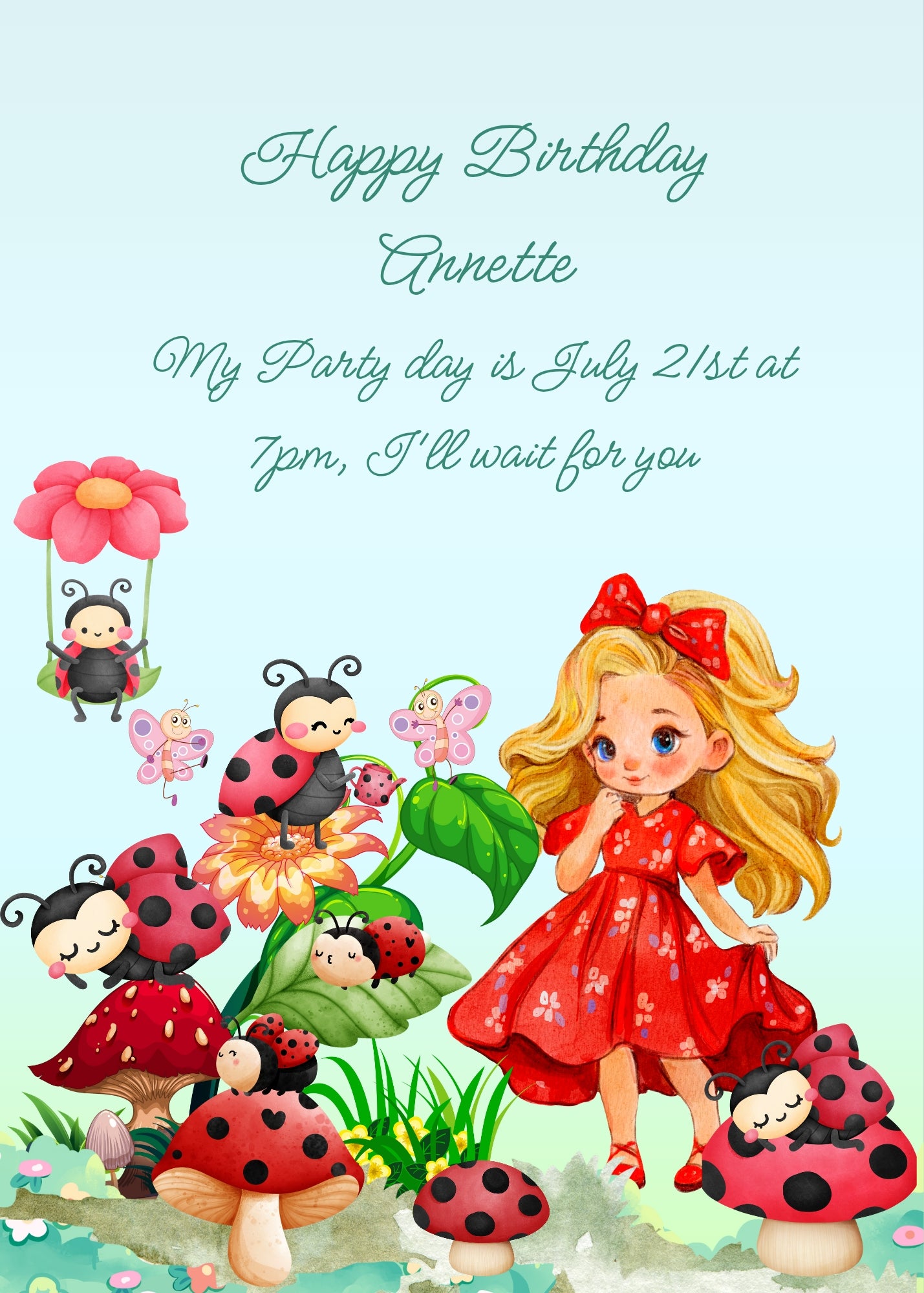 Little girl dressed in red in a garden where ladybugs sleep on polka-dotted mushrooms, and the swing is made of a flower. Printable birthday card for girls
6-14.