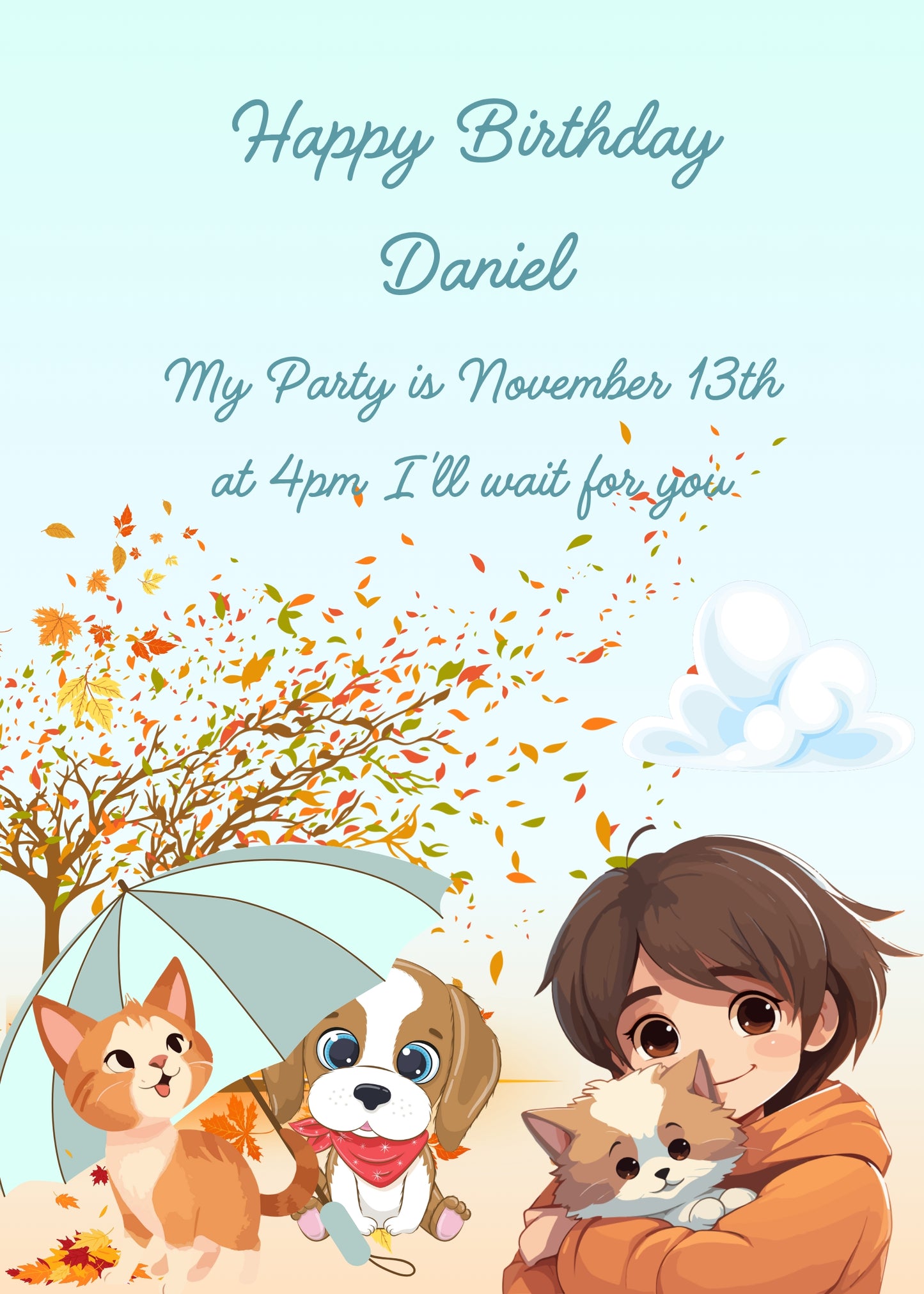 Windy autumn day, child holding a kitten. A puppy shelter under an umbrella. Another kitten watches the leaves blowing in the wind. Printable birthday card for boys 8-14.