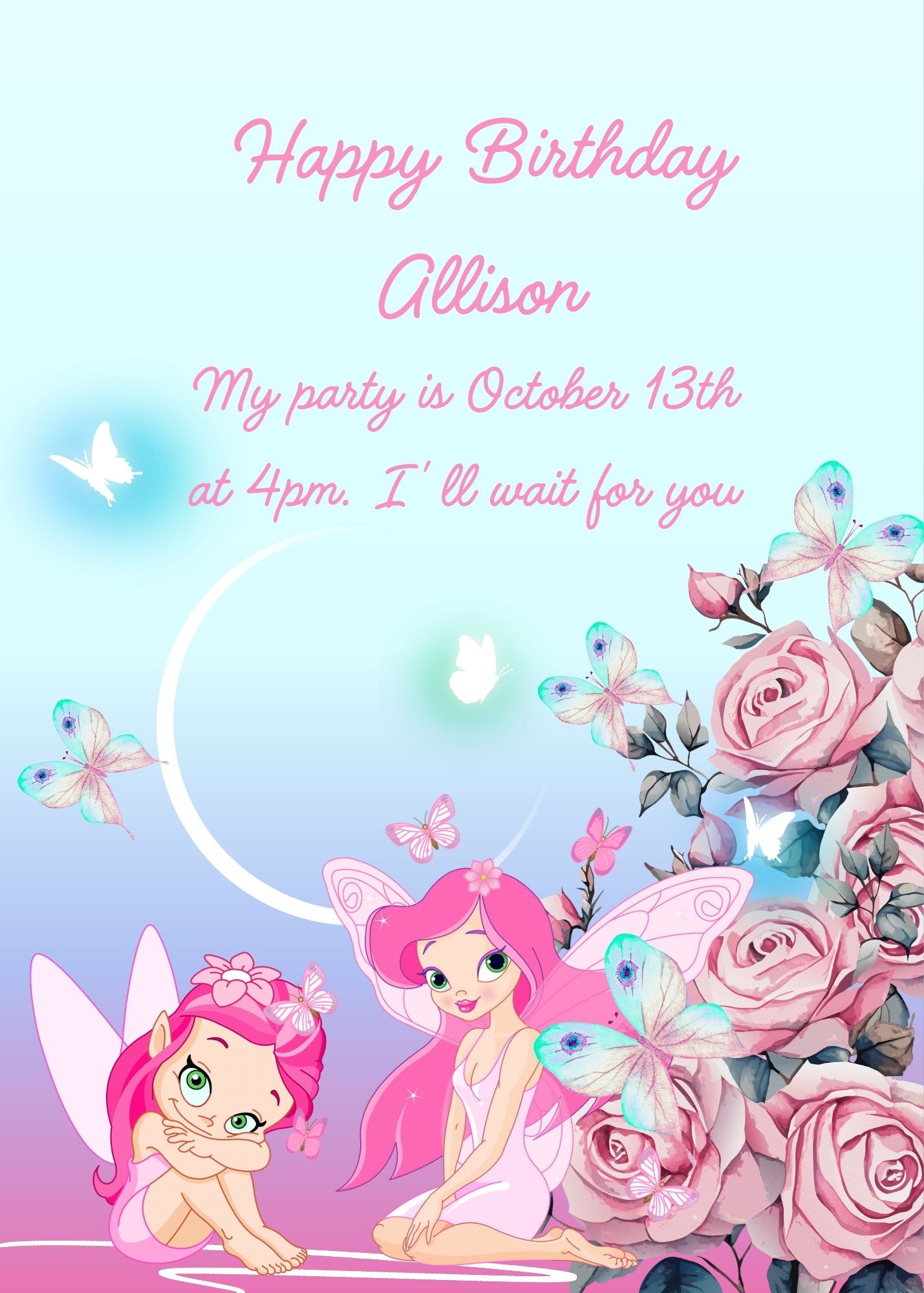 Cute pink fairies sitting near a rose hedge. Crescent moon, and fireflies in the background. Printable birthday card for girls 9-14.