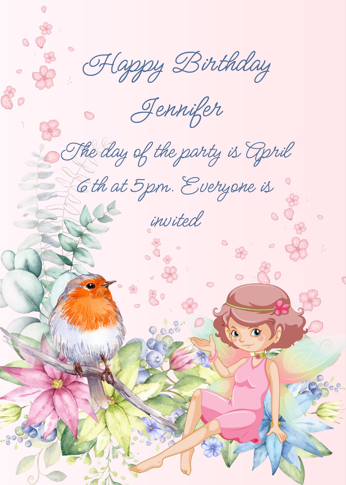 In the foreground a fairy sitting on a flowers; on a branch a robin. Printable birthday card for girls 9-14.