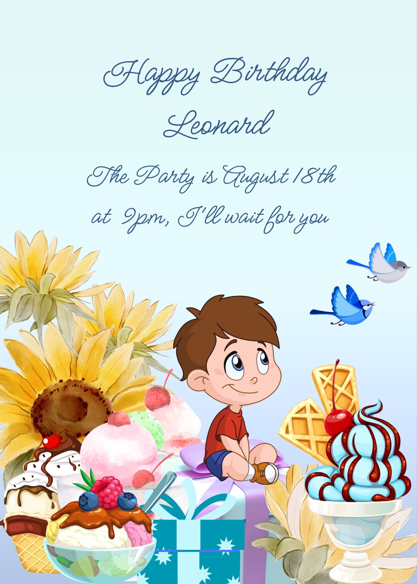 Child sitting on gift boxes watching two birds in flight. Around him ice cream and sunflowers. Printable birthday card for boys 7-12.