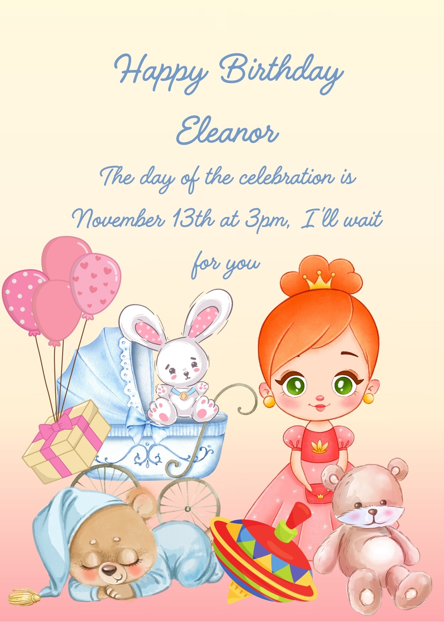 Cute doll and spinnig top, in the foreground. A teddy bear in pajamas, sleeps among other romantic toys. Printable birthday card for girls 1-9.