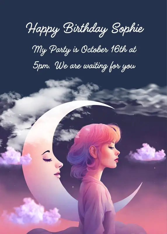 Night sky, large moon with feminine features. A girl in profile with the same features. Printable birthday card for girls 10-14.